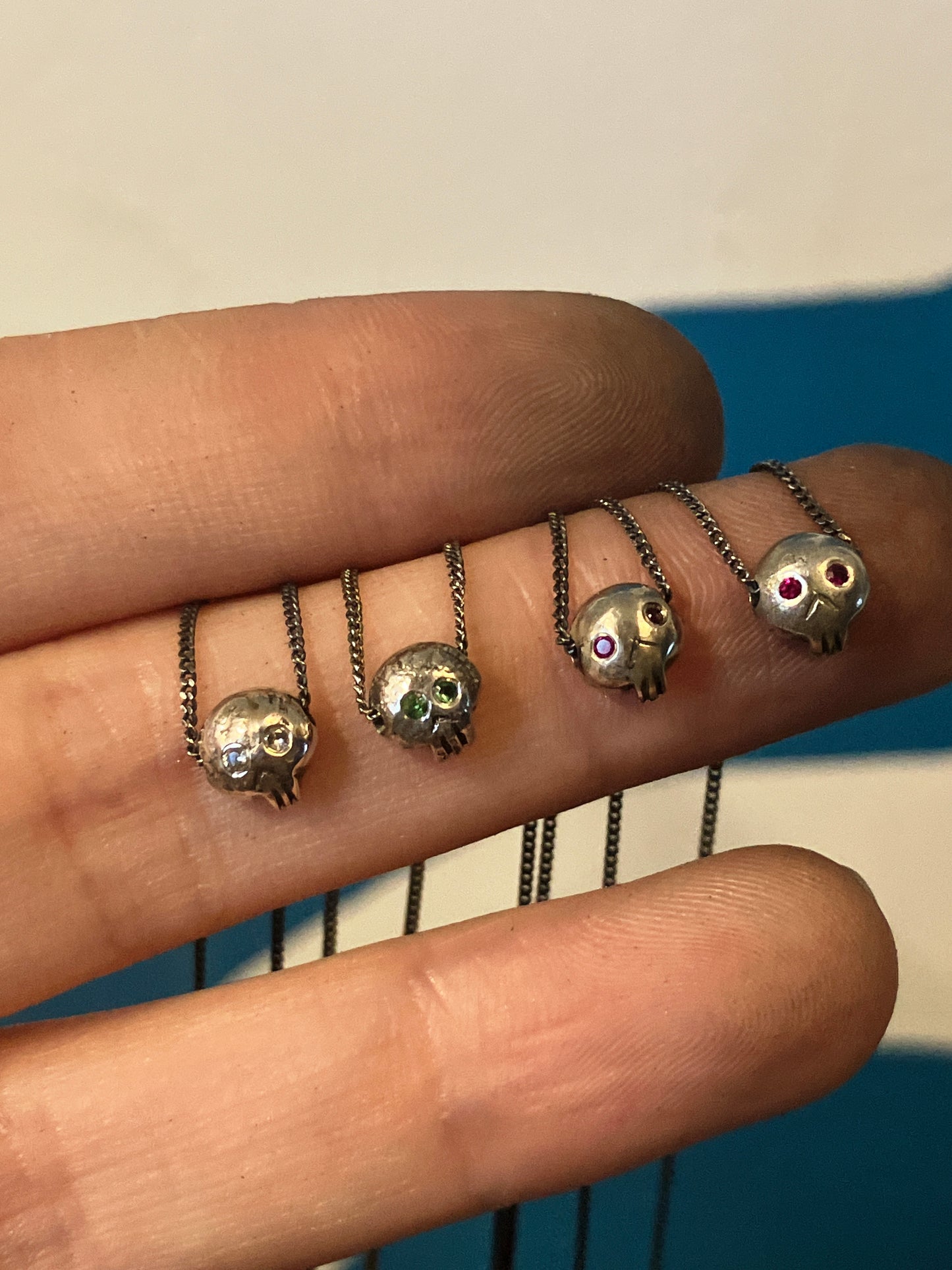 Death Becomes Her - Sterling Silver Skull Necklace with Gemstone Eyes - Ruby, Spessartite, Citrine, Tsavorite, Tourmaline, Amethyst, Sapphire