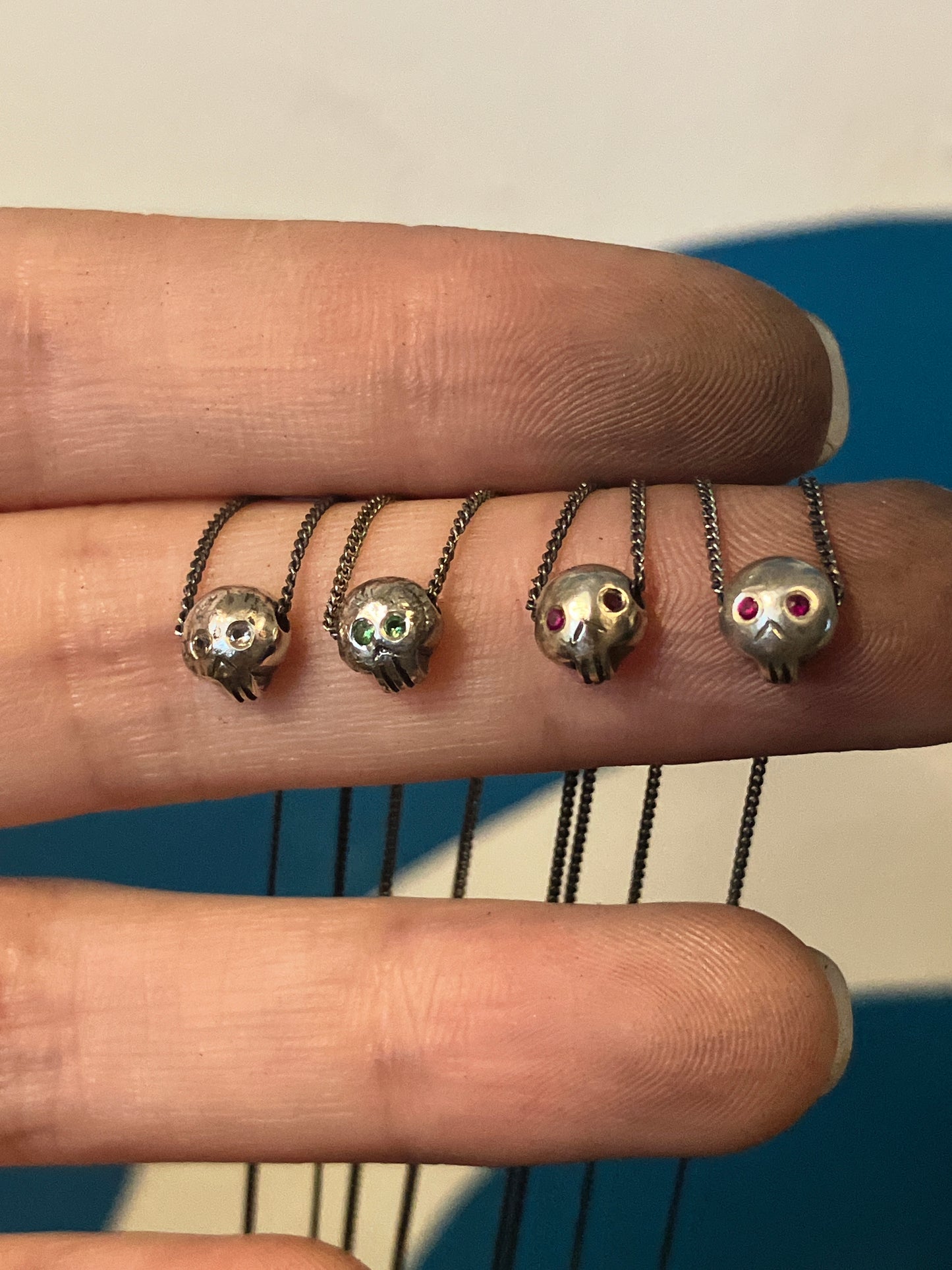 Death Becomes Her - Sterling Silver Skull Necklace with Gemstone Eyes - Ruby, Spessartite, Citrine, Tsavorite, Tourmaline, Amethyst, Sapphire