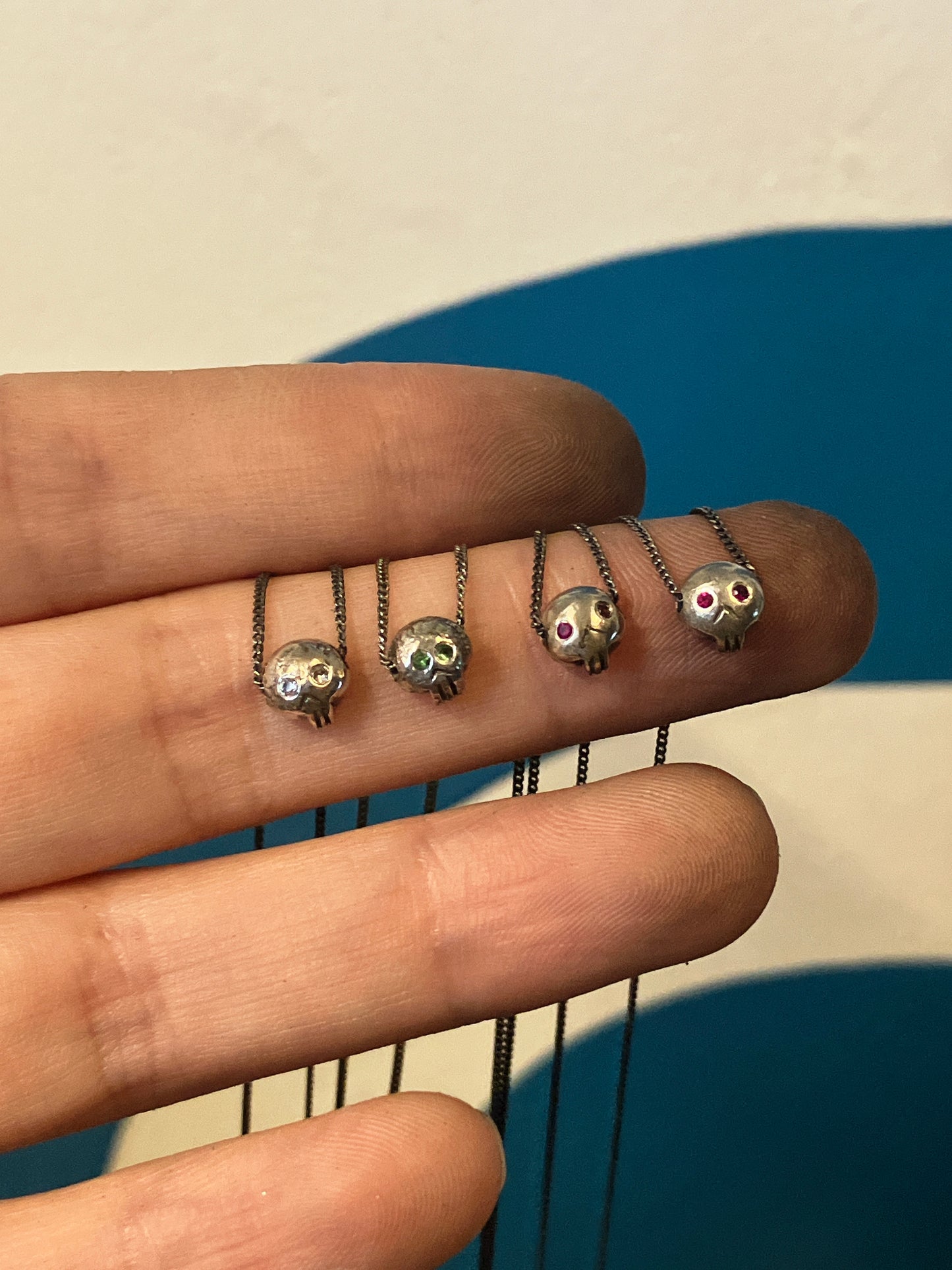 Death Becomes Her - Sterling Silver Skull Necklace with Gemstone Eyes - Ruby, Spessartite, Citrine, Tsavorite, Tourmaline, Amethyst, Sapphire