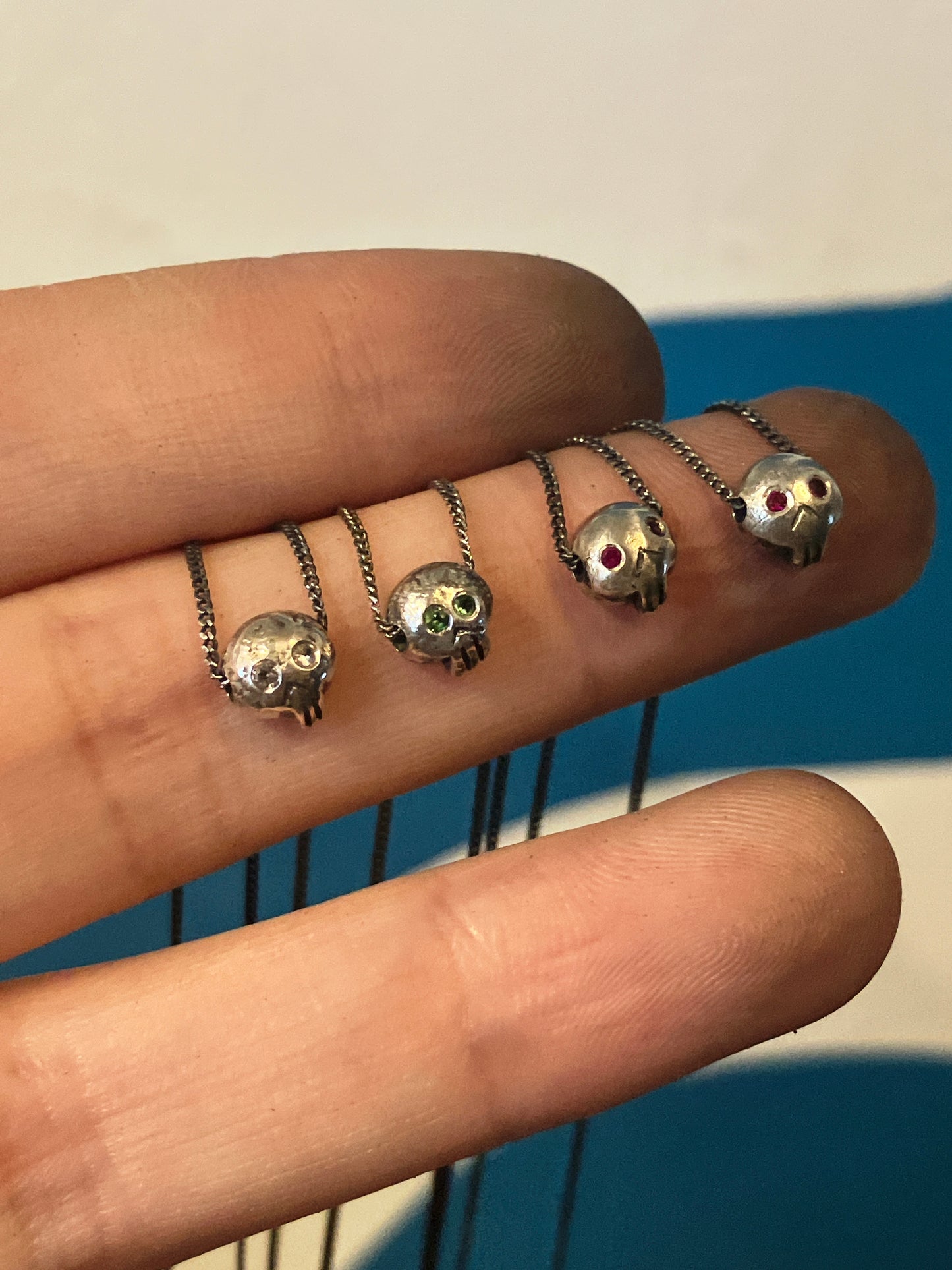 Death Becomes Her - Sterling Silver Skull Necklace with Gemstone Eyes - Ruby, Spessartite, Citrine, Tsavorite, Tourmaline, Amethyst, Sapphire