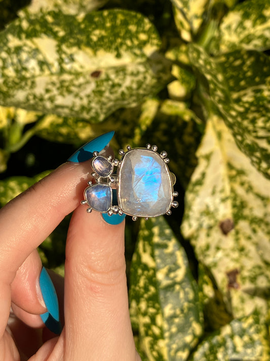 Moonstone Trio and Recycled Sterling Silver Granulation Ring - UK Size R/US Size 8.75