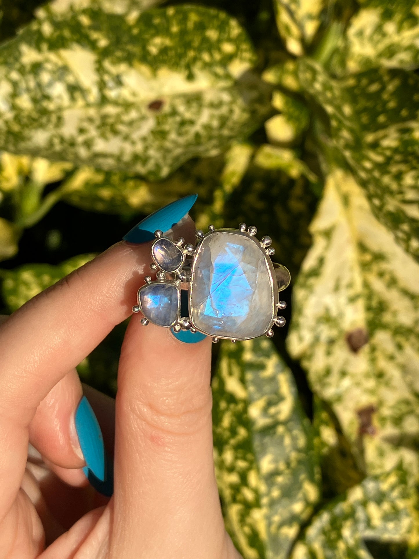 Moonstone Trio and Recycled Sterling Silver Granulation Ring - UK Size R/US Size 8.75
