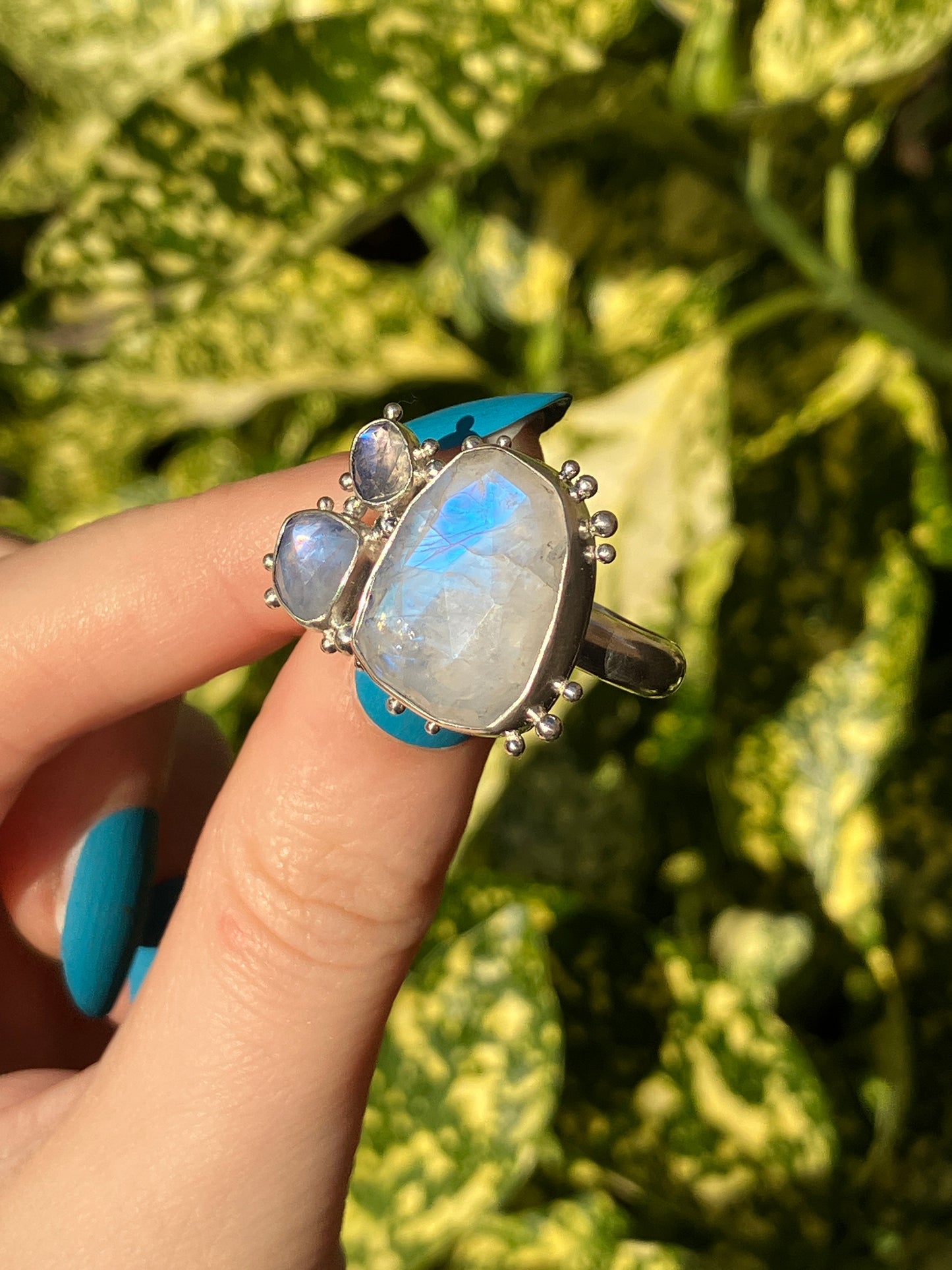 Moonstone Trio and Recycled Sterling Silver Granulation Ring - UK Size R/US Size 8.75