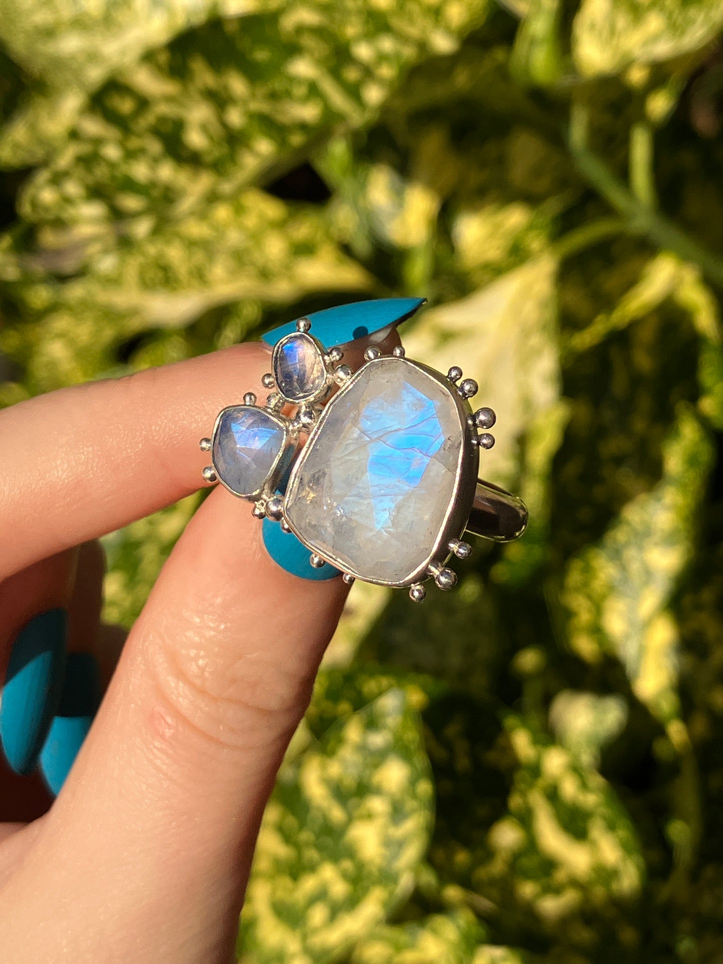 Moonstone Trio and Recycled Sterling Silver Granulation Ring - UK Size R/US Size 8.75