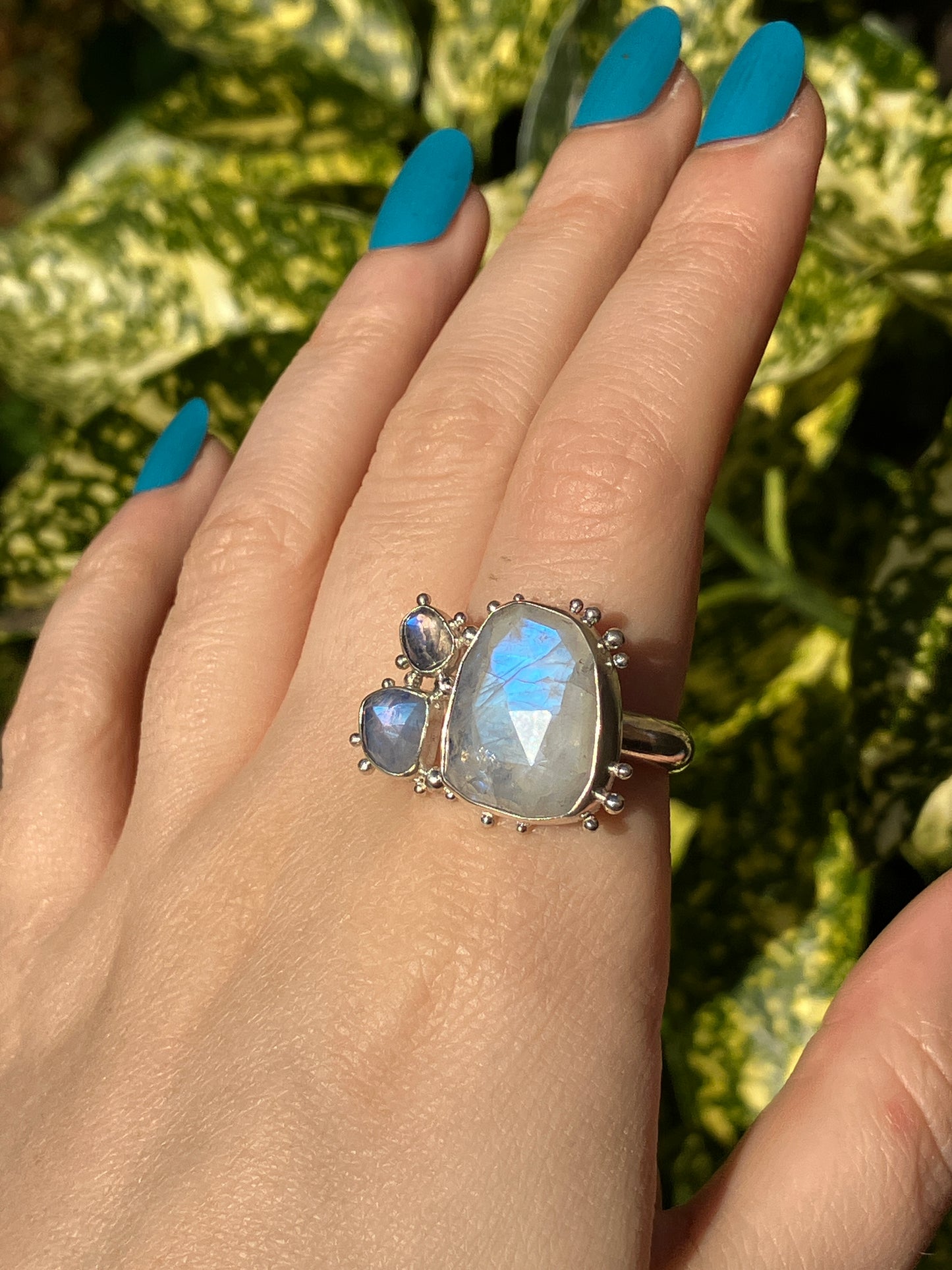 Moonstone Trio and Recycled Sterling Silver Granulation Ring - UK Size R/US Size 8.75