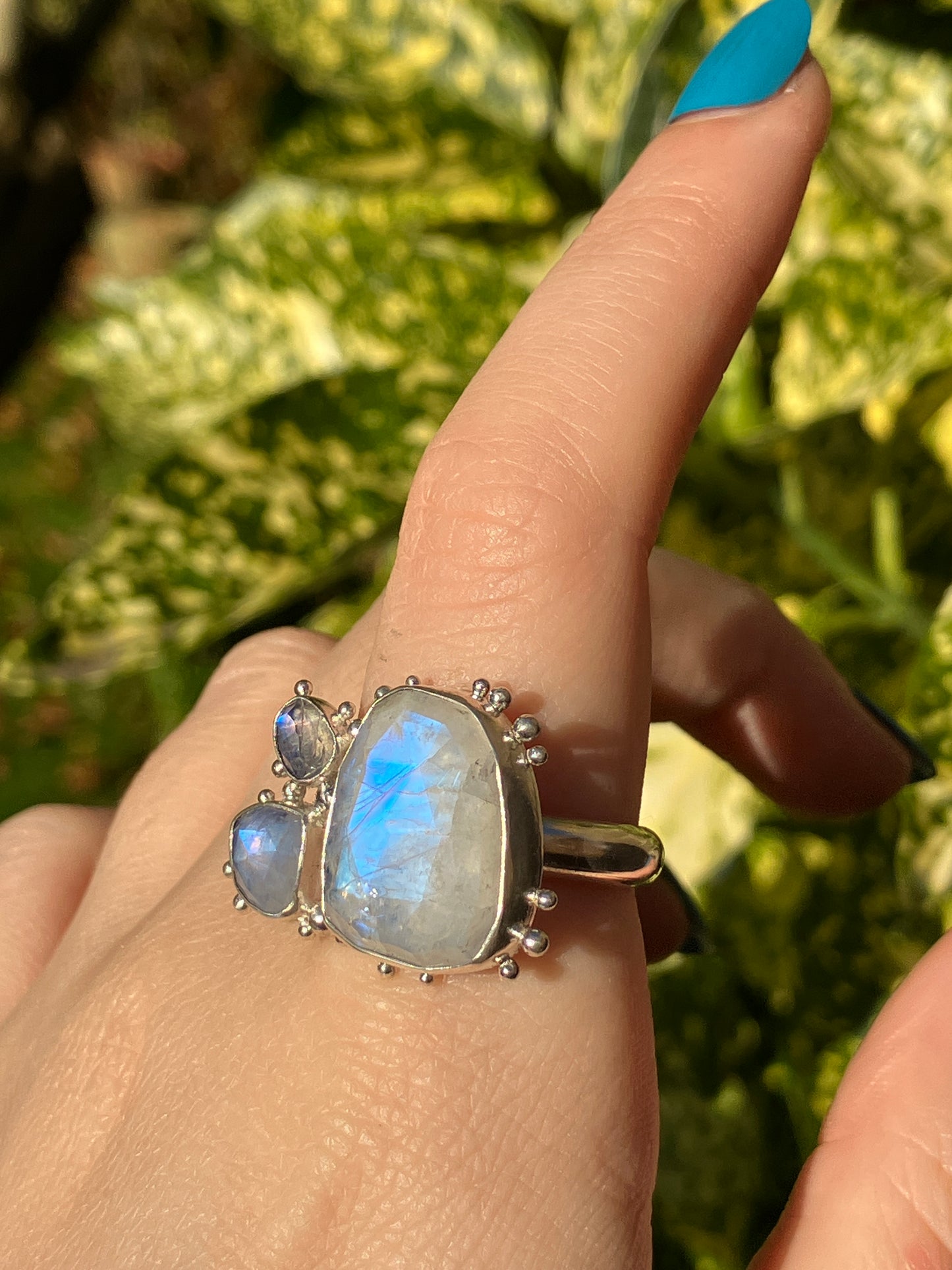 Moonstone Trio and Recycled Sterling Silver Granulation Ring - UK Size R/US Size 8.75
