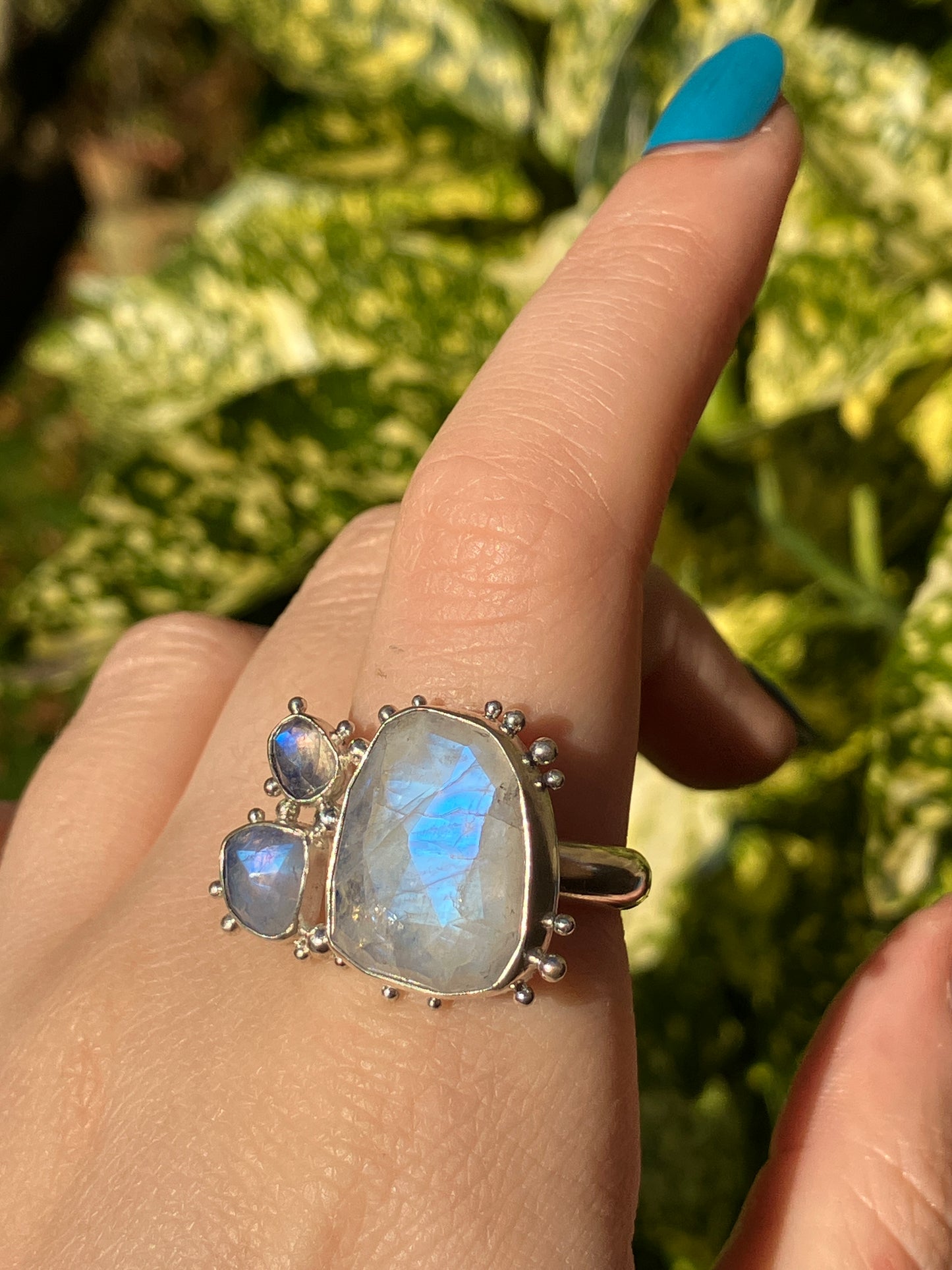 Moonstone Trio and Recycled Sterling Silver Granulation Ring - UK Size R/US Size 8.75