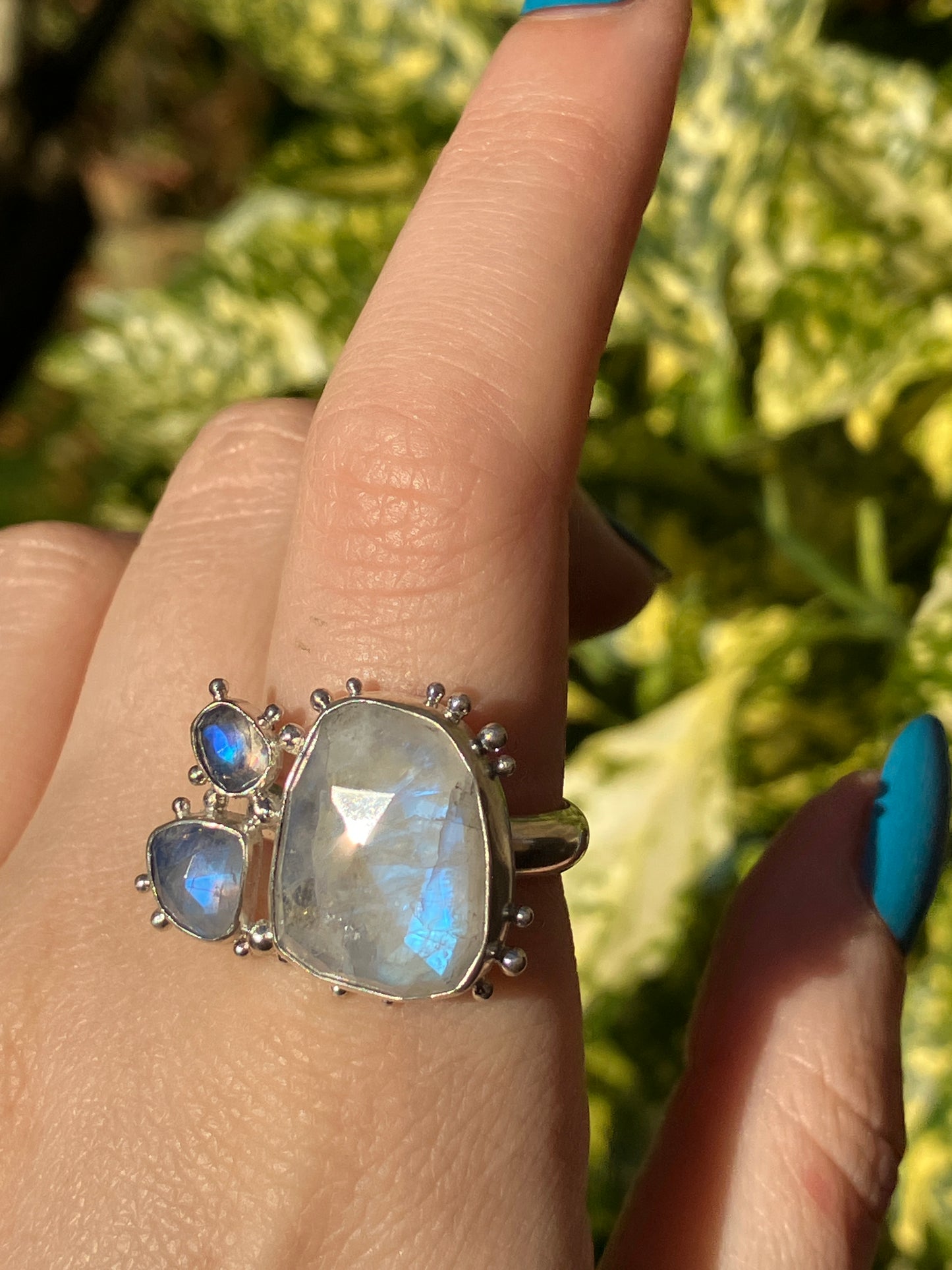 Moonstone Trio and Recycled Sterling Silver Granulation Ring - UK Size R/US Size 8.75