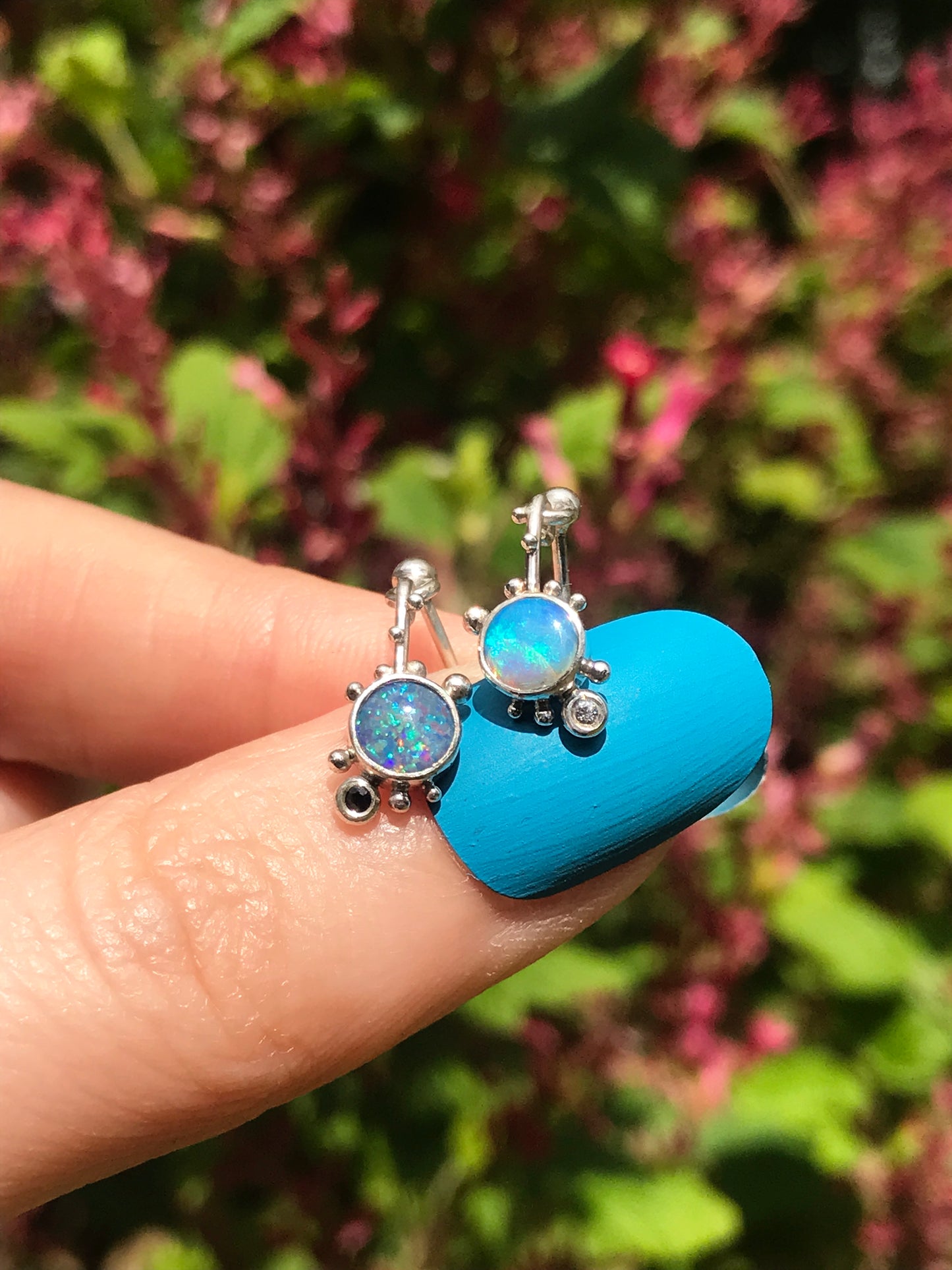 Evil/Good Twin - Opal, Black Sapphire and White Sapphire Stud Earrings