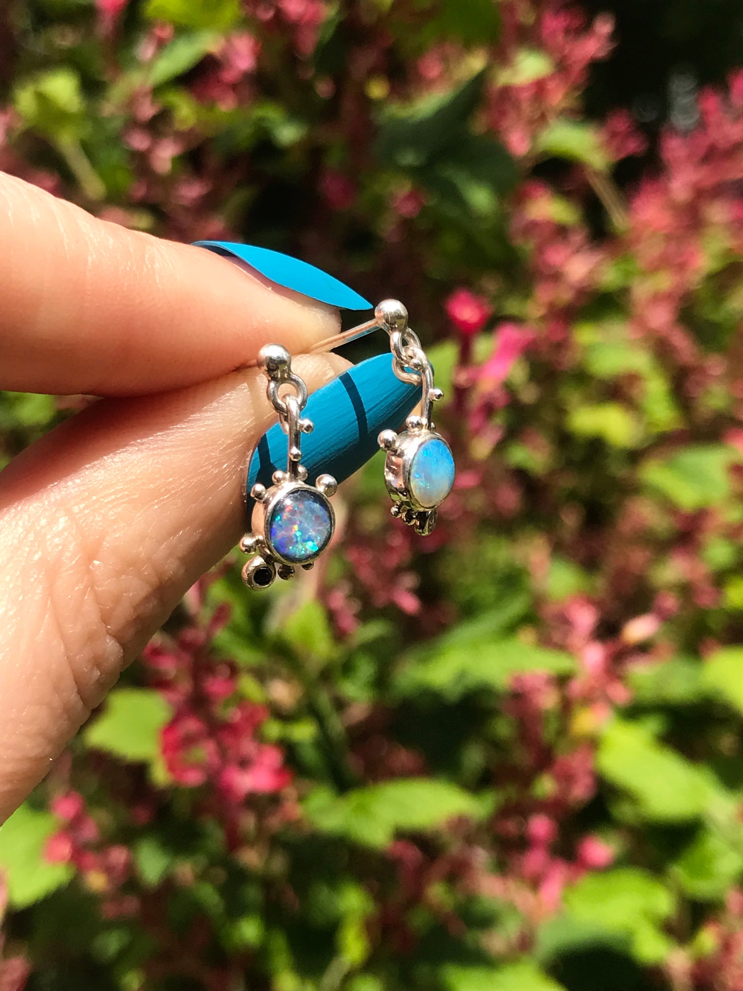 Evil/Good Twin - Opal, Black Sapphire and White Sapphire Stud Earrings