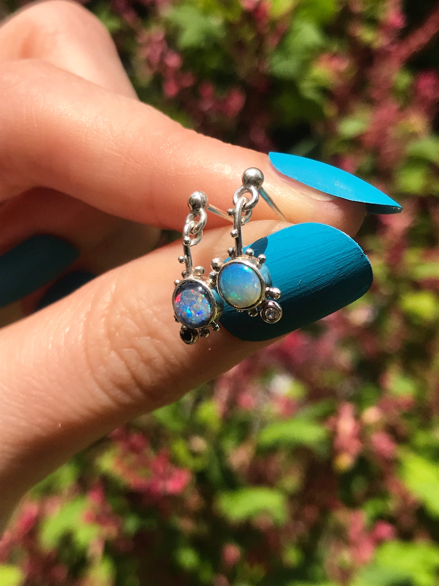 Evil/Good Twin - Opal, Black Sapphire and White Sapphire Stud Earrings