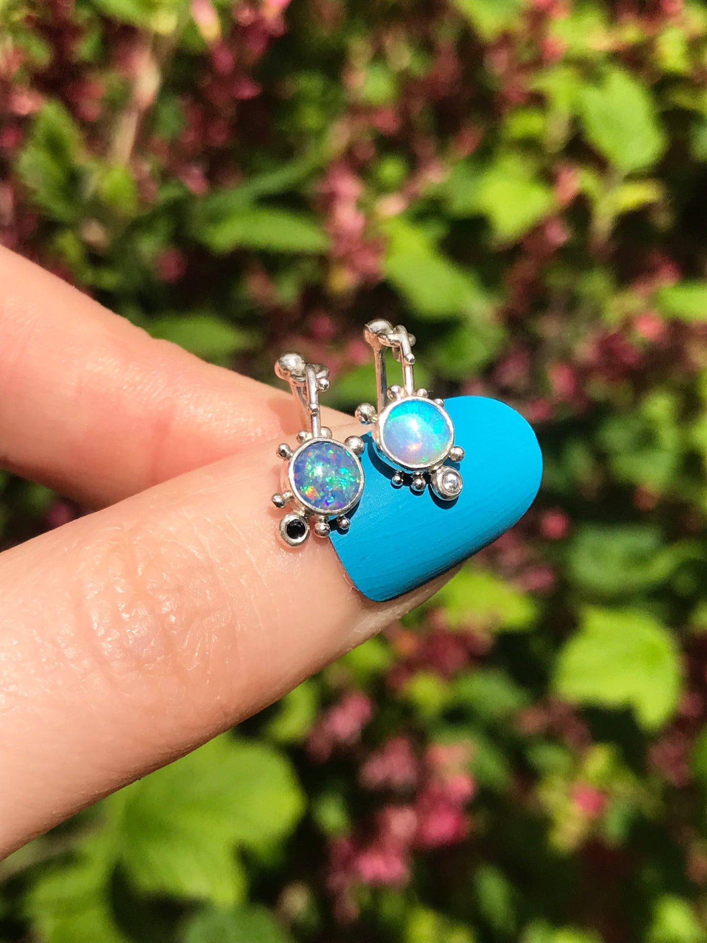 Evil/Good Twin - Opal, Black Sapphire and White Sapphire Stud Earrings