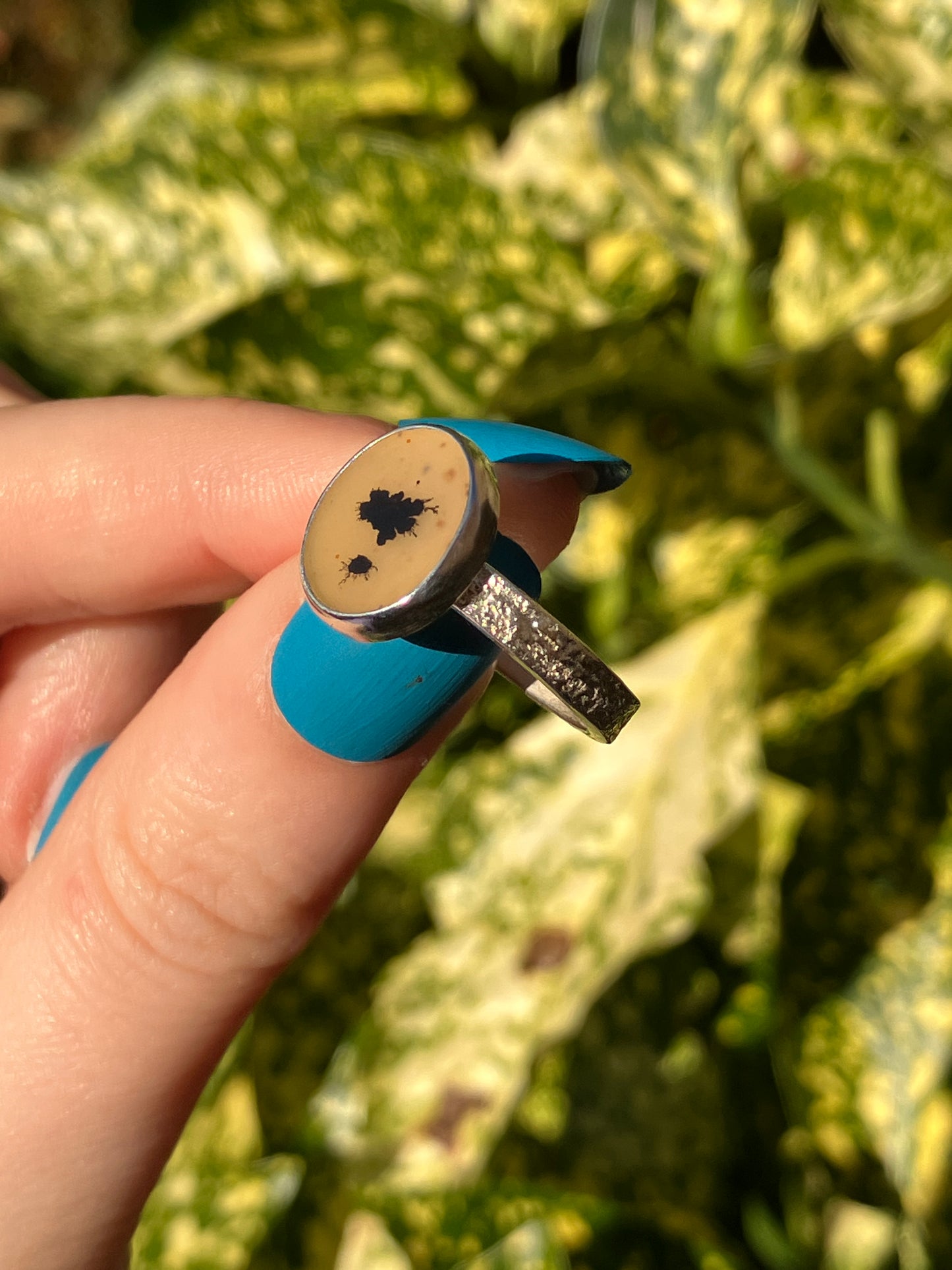 Dendritic Agate and Sterling Silver Textured Statement Ring - UK Size O/US Size 7.5