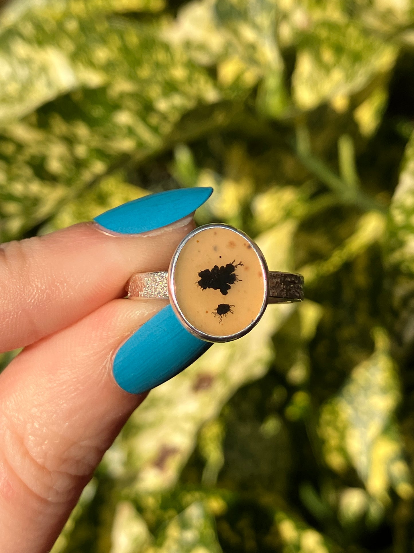 Dendritic Agate and Sterling Silver Textured Statement Ring - UK Size O/US Size 7.5