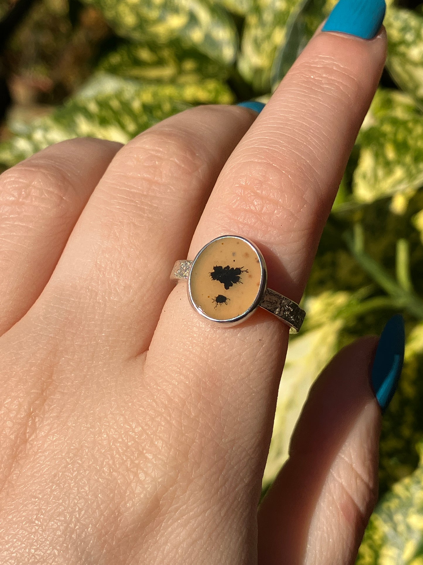 Dendritic Agate and Sterling Silver Textured Statement Ring - UK Size O/US Size 7.5