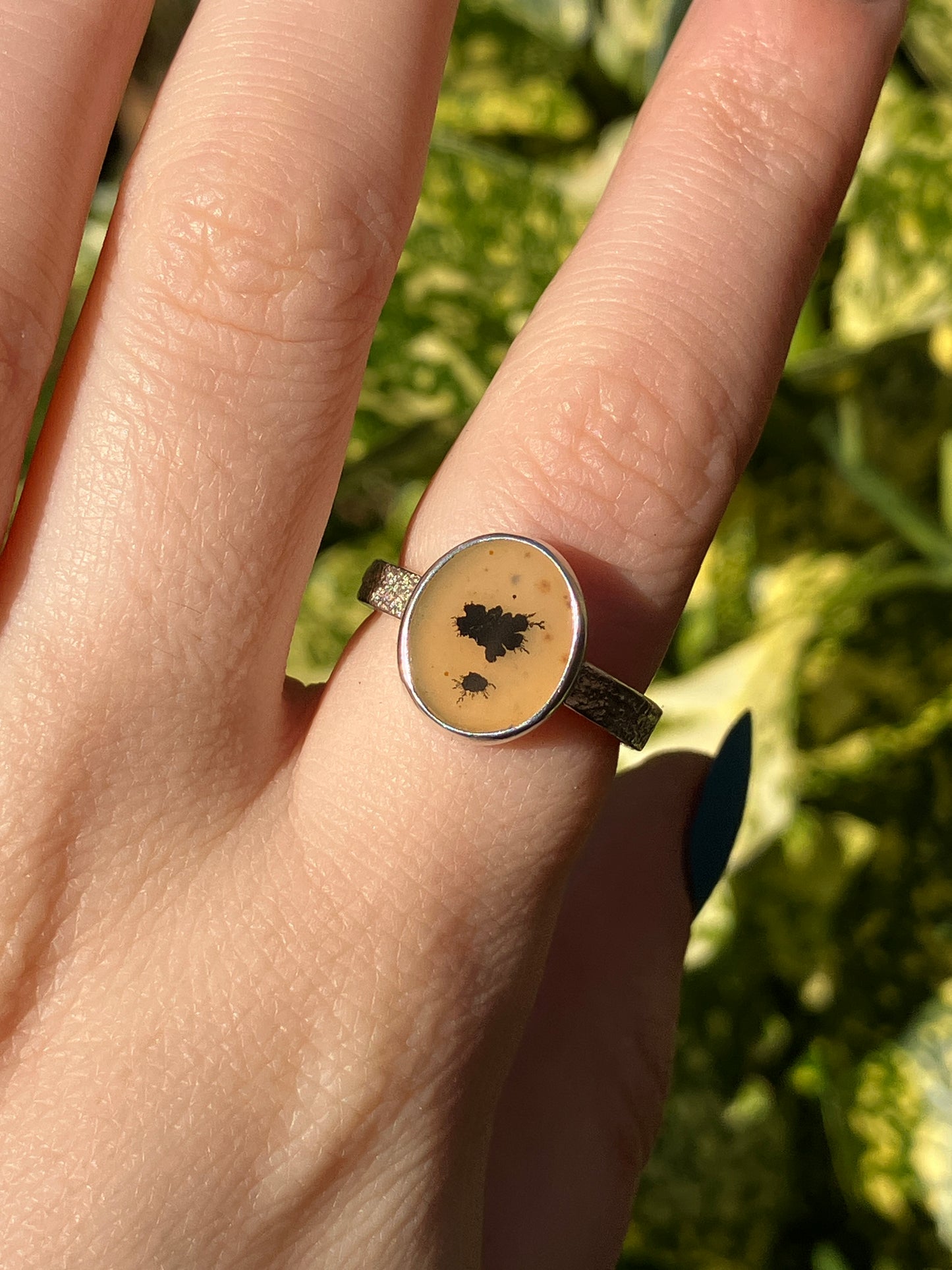 Dendritic Agate and Sterling Silver Textured Statement Ring - UK Size O/US Size 7.5