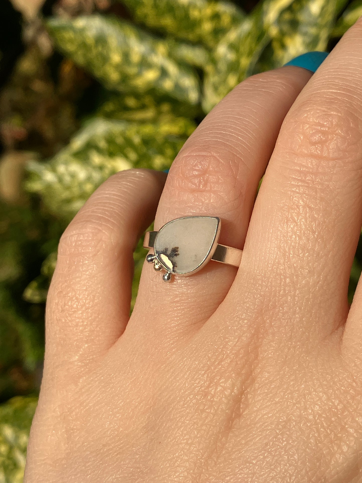 Dendritic Agate and Sterling Silver Ring with Silver and 18ct Gold Granules - UK Size K/US Size 5.5