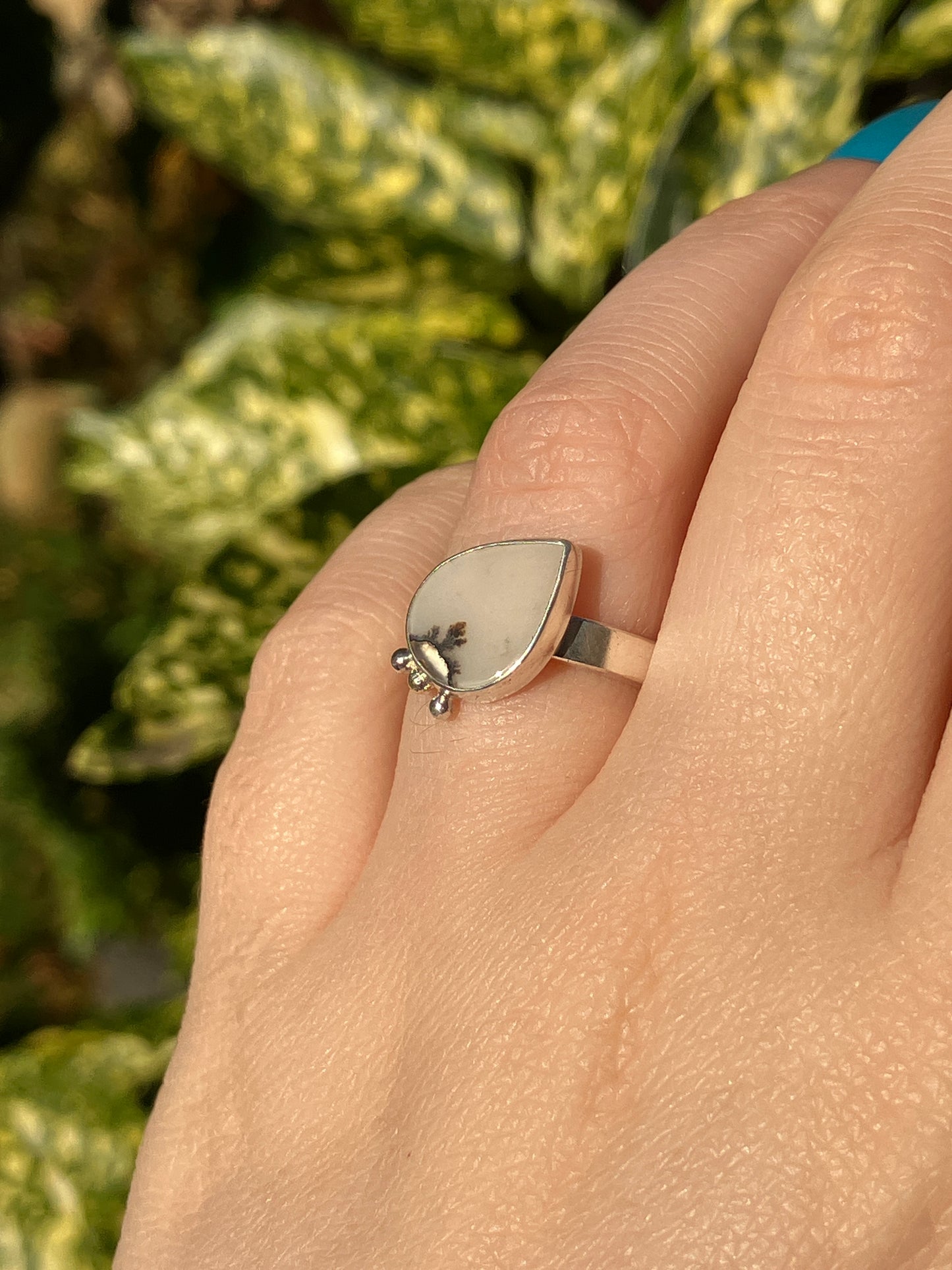 Dendritic Agate and Sterling Silver Ring with Silver and 18ct Gold Granules - UK Size K/US Size 5.5