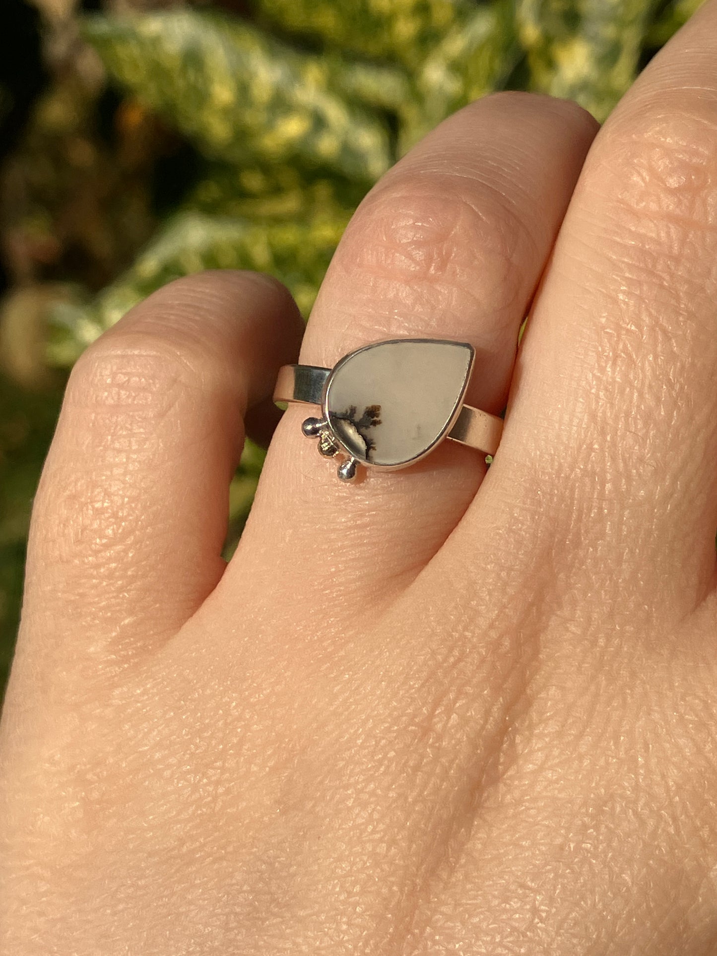 Dendritic Agate and Sterling Silver Ring with Silver and 18ct Gold Granules - UK Size K/US Size 5.5