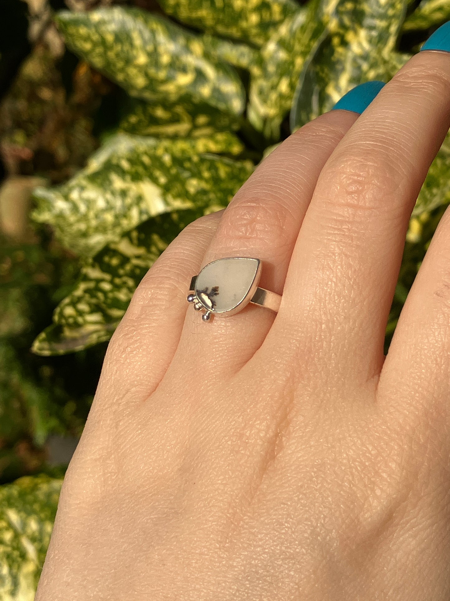 Dendritic Agate and Sterling Silver Ring with Silver and 18ct Gold Granules - UK Size K/US Size 5.5