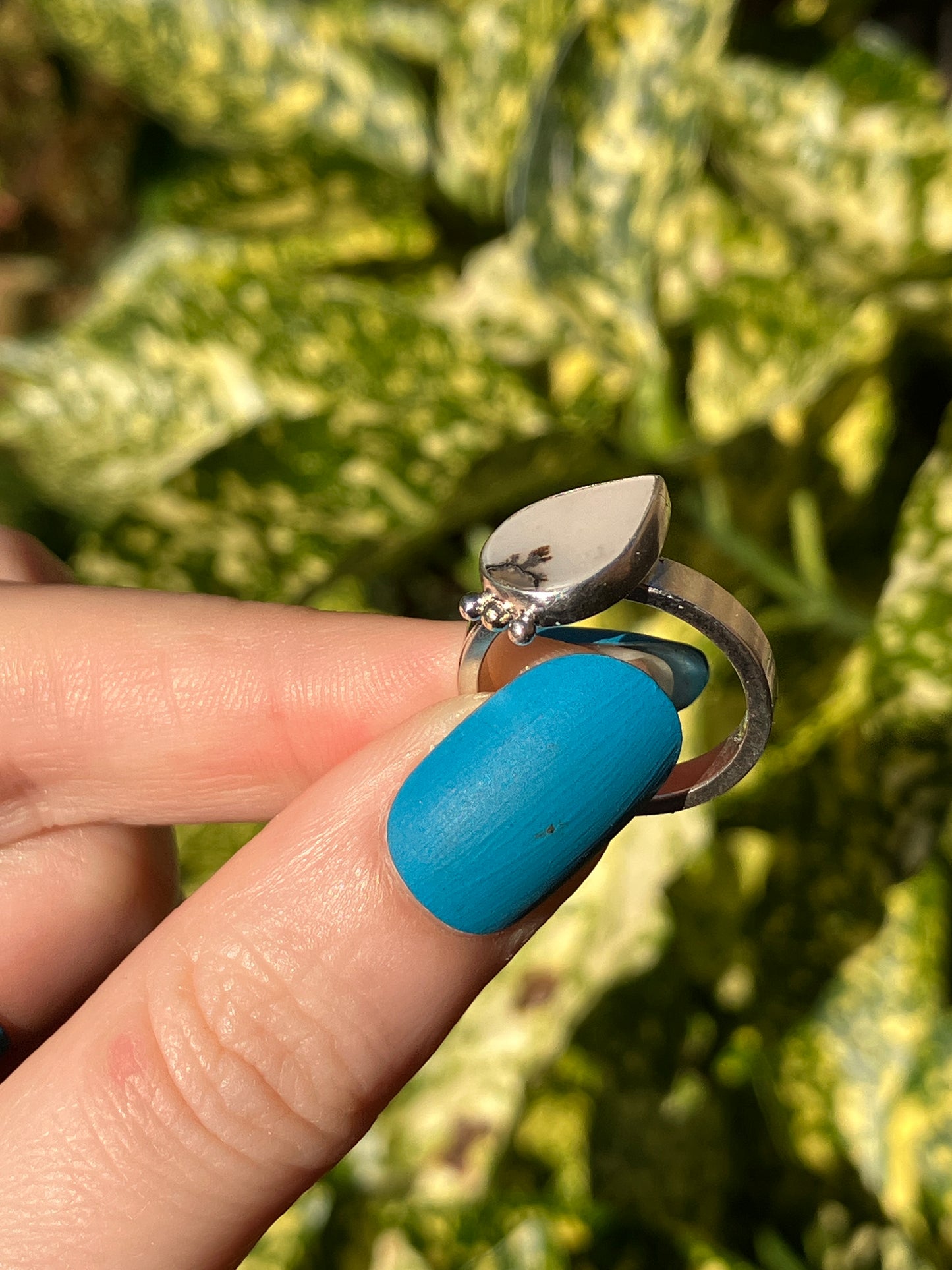 Dendritic Agate and Sterling Silver Ring with Silver and 18ct Gold Granules - UK Size K/US Size 5.5