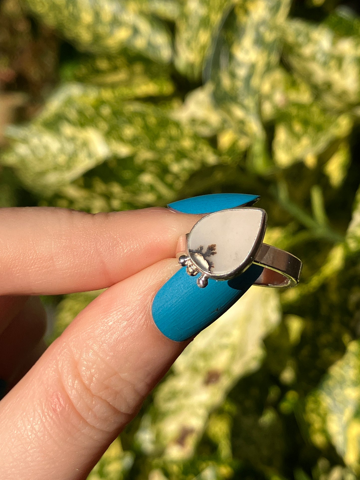 Dendritic Agate and Sterling Silver Ring with Silver and 18ct Gold Granules - UK Size K/US Size 5.5