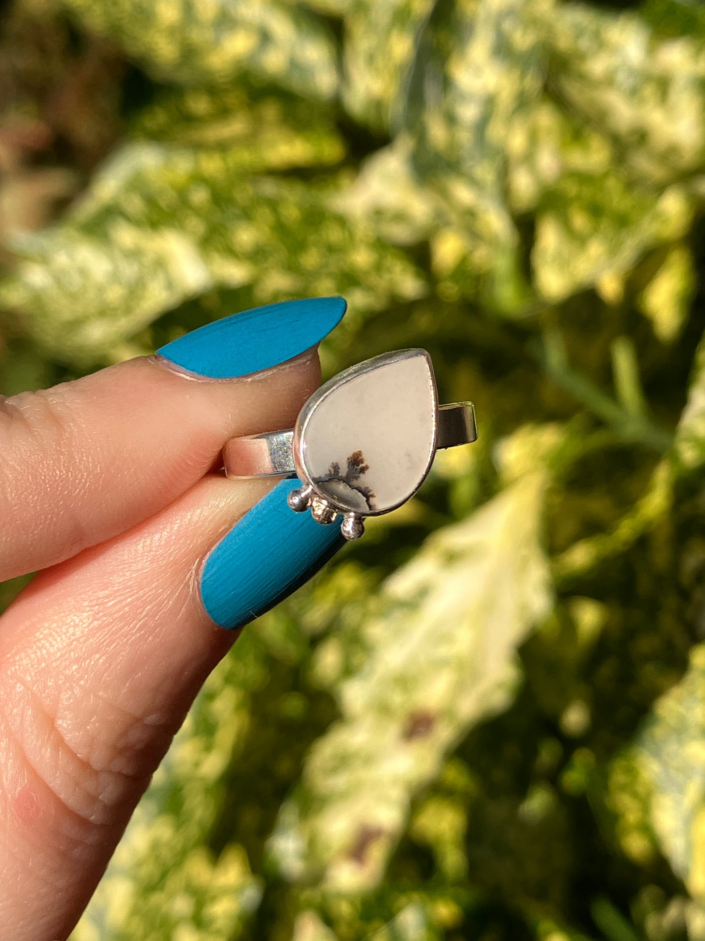Dendritic Agate and Sterling Silver Ring with Silver and 18ct Gold Granules - UK Size K/US Size 5.5
