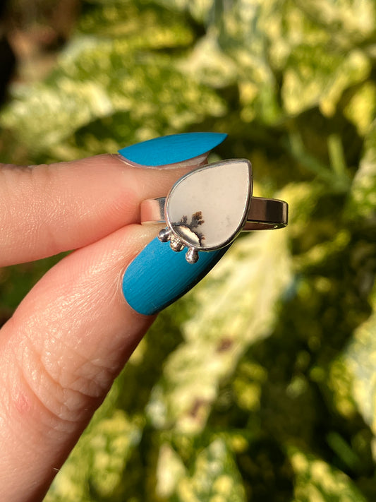 Dendritic Agate and Sterling Silver Ring with Silver and 18ct Gold Granules - UK Size K/US Size 5.5