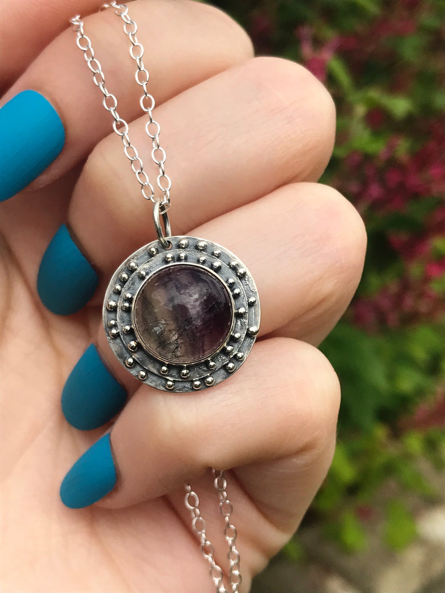Lapis Lazuli or Fluorite and Sterling Silver Medallion Pendant Necklace with Granulation Detailing