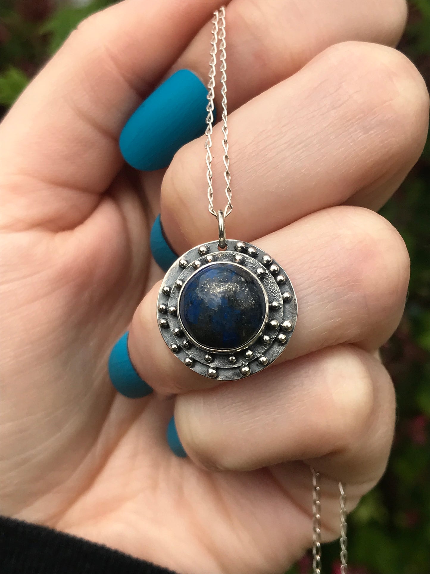 Lapis Lazuli or Fluorite and Sterling Silver Medallion Pendant Necklace with Granulation Detailing