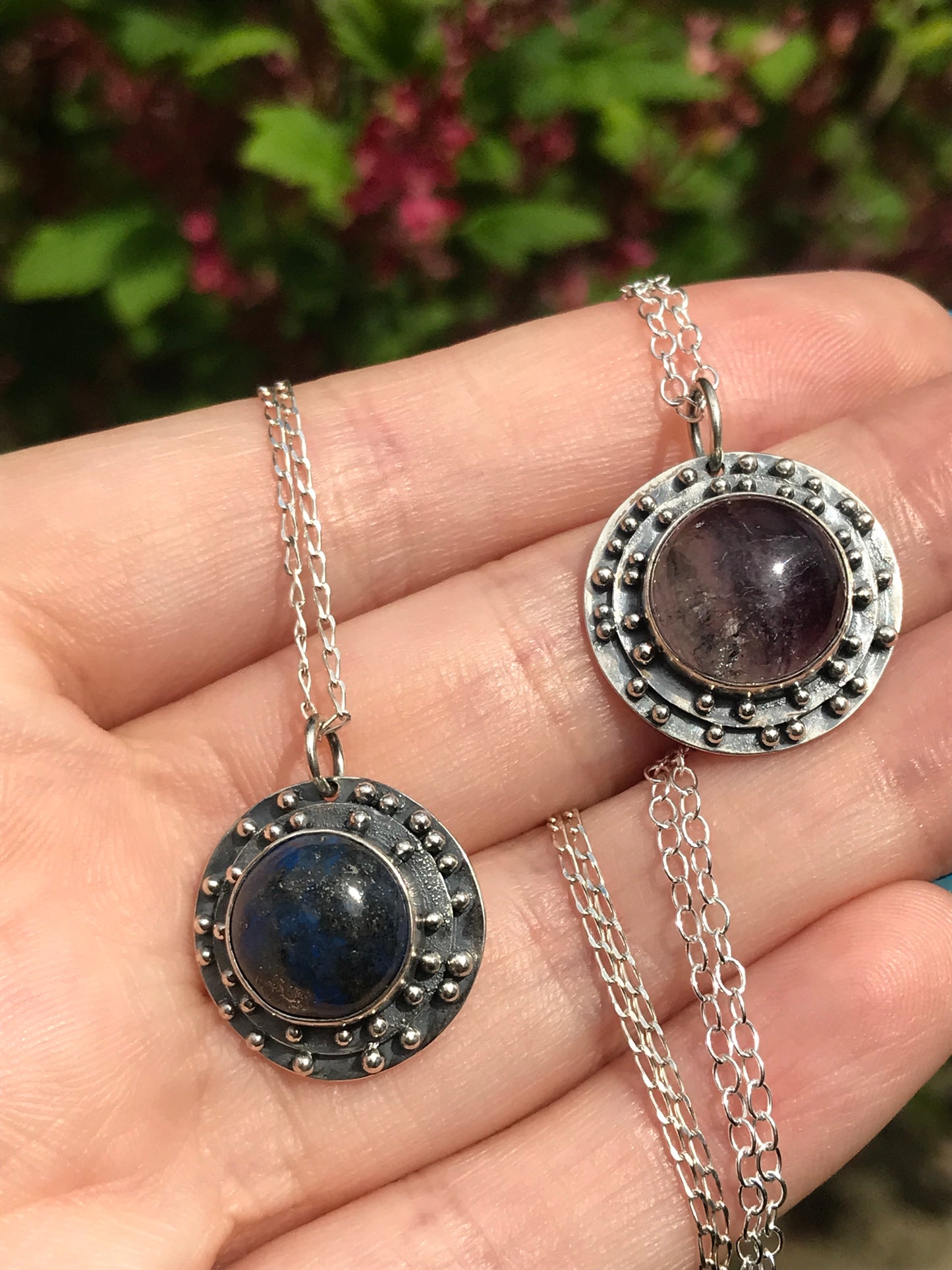 Lapis Lazuli or Fluorite and Sterling Silver Medallion Pendant Necklace with Granulation Detailing