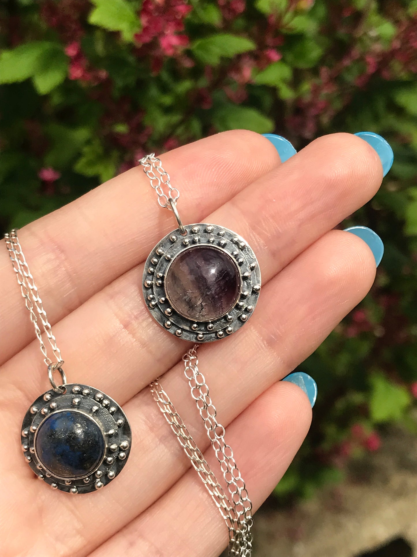 Lapis Lazuli or Fluorite and Sterling Silver Medallion Pendant Necklace with Granulation Detailing