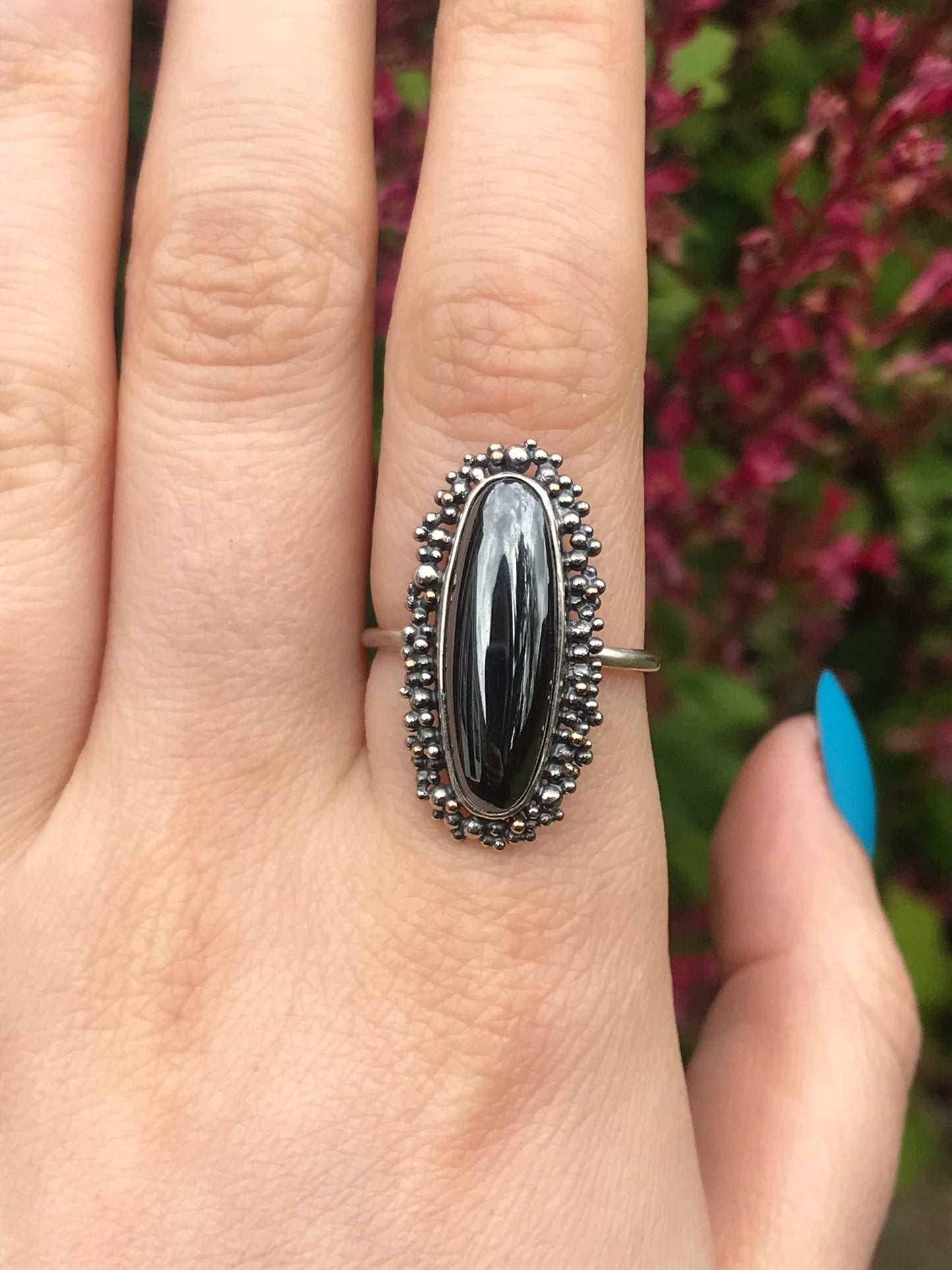 Hematite, Sterling Silver and 9ct Gold Ring with Granulation - UK Size O 1/2