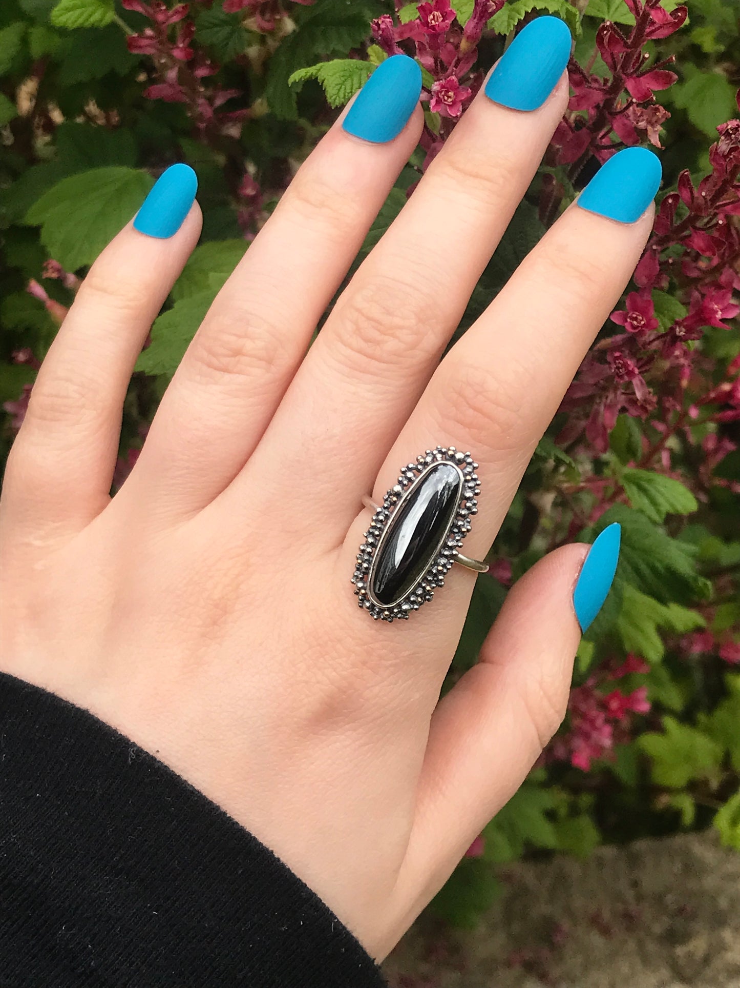 Hematite, Sterling Silver and 9ct Gold Ring with Granulation - UK Size O 1/2