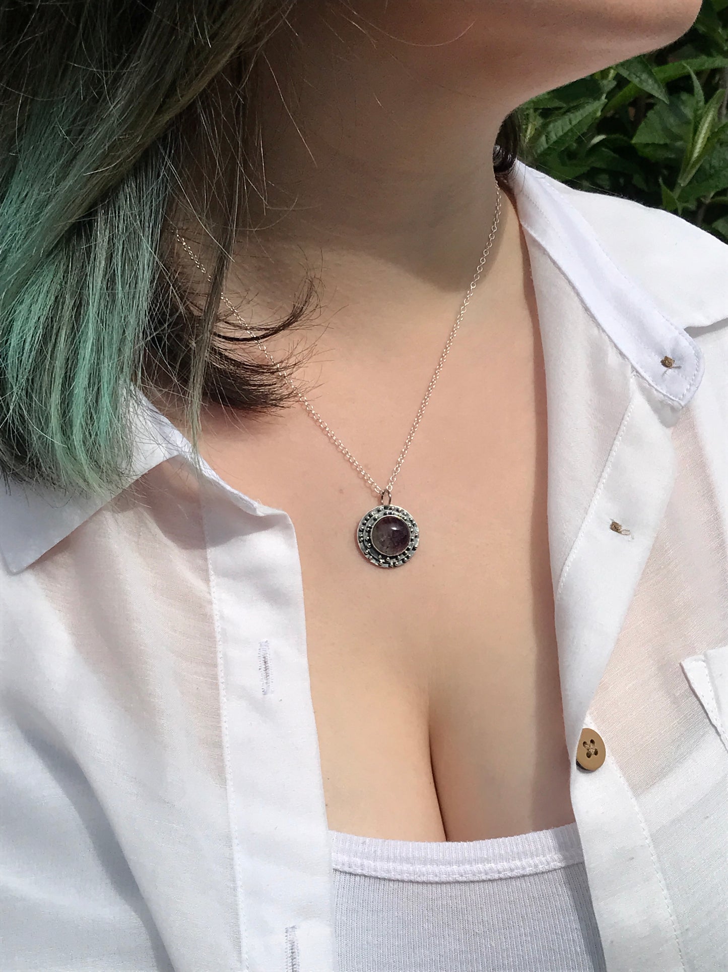 Lapis Lazuli or Fluorite and Sterling Silver Medallion Pendant Necklace with Granulation Detailing