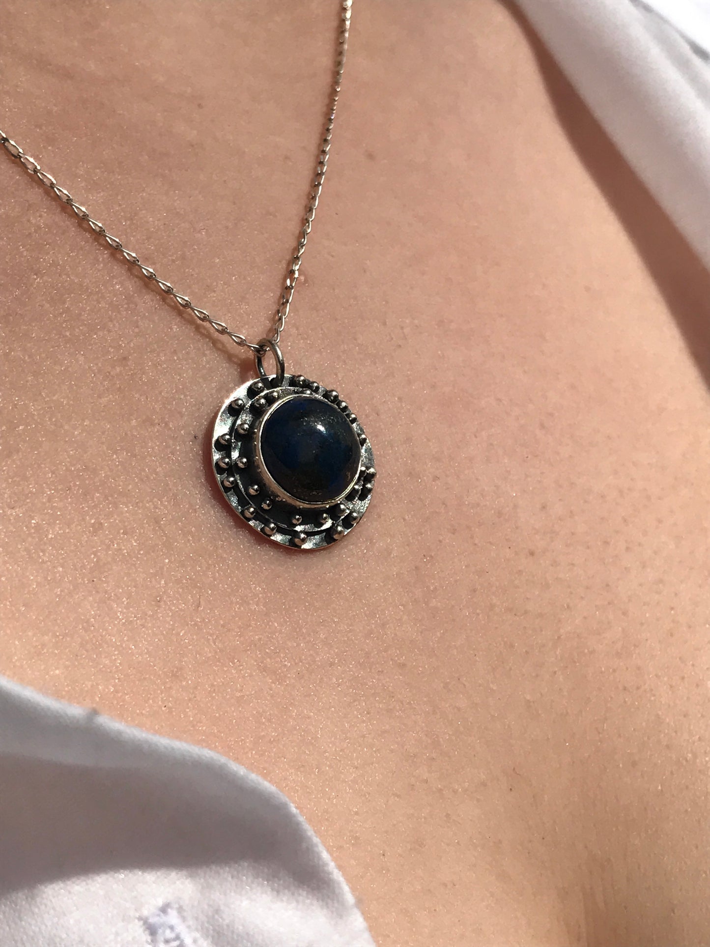 Lapis Lazuli or Fluorite and Sterling Silver Medallion Pendant Necklace with Granulation Detailing