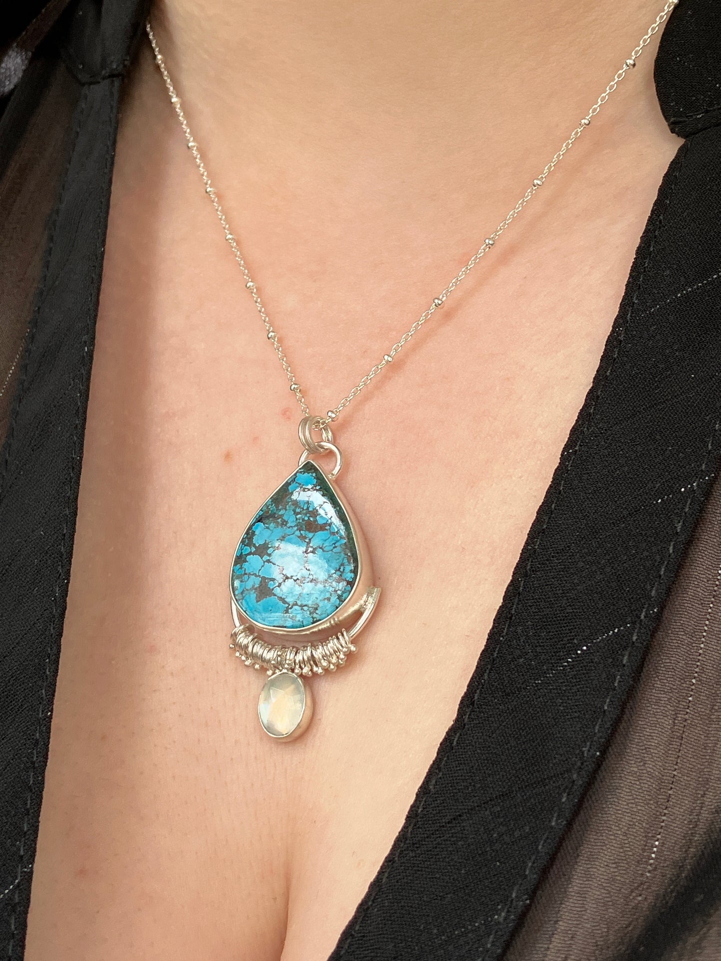 Turquoise, Rainbow Moonstone and Recycled Sterling Silver Statement Pendant Necklace