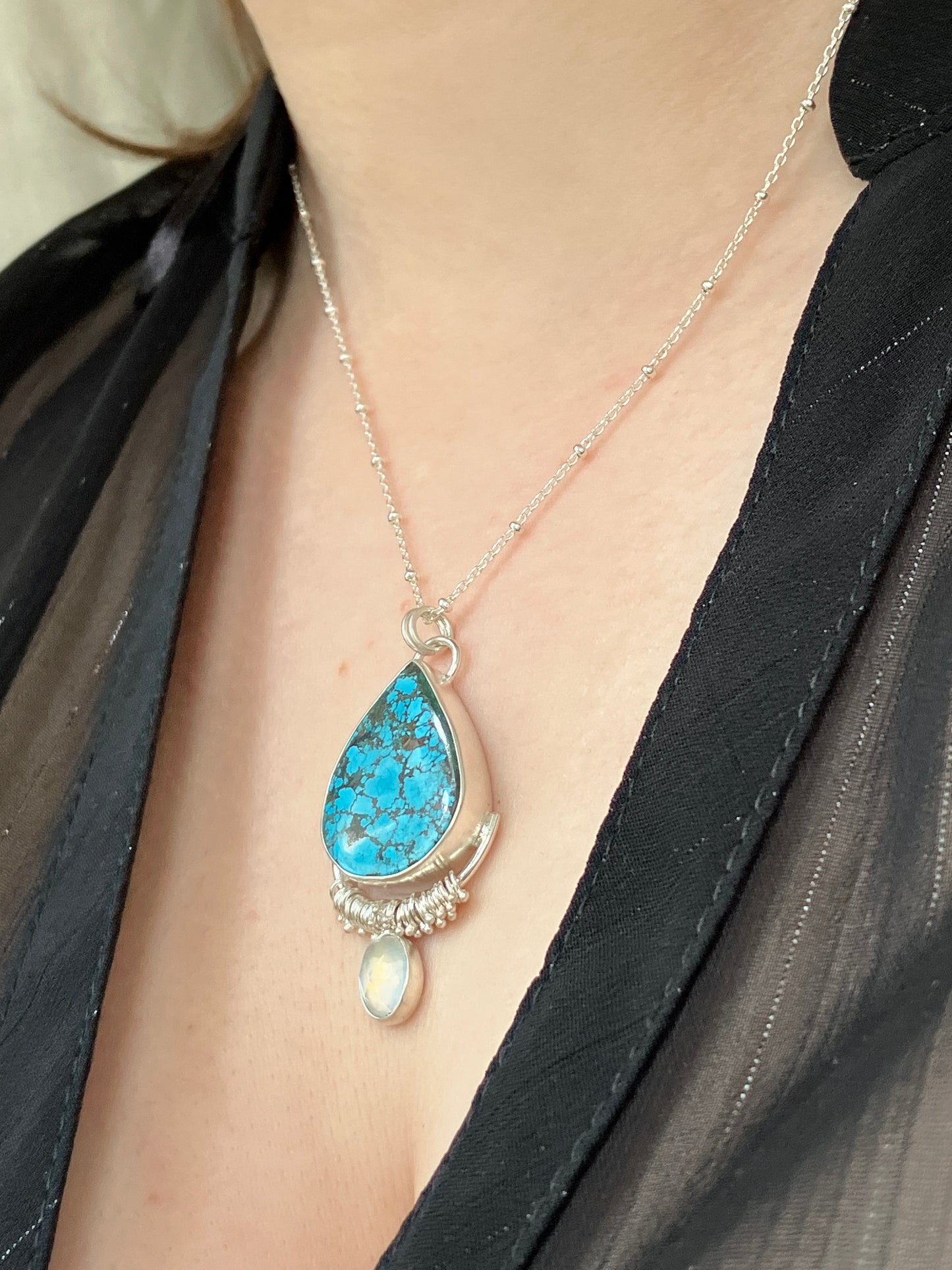 Turquoise, Rainbow Moonstone and Recycled Sterling Silver Statement Pendant Necklace