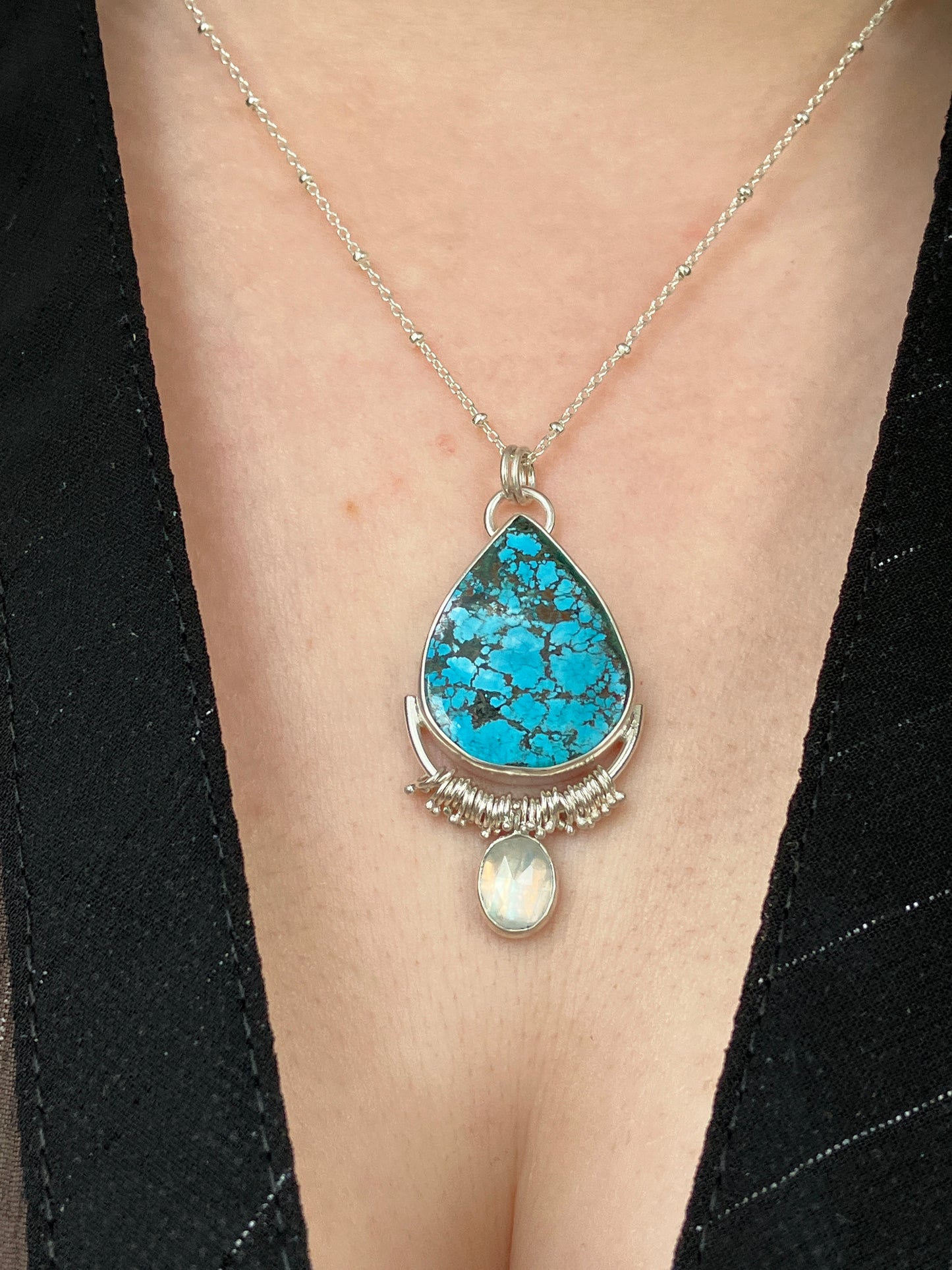 Turquoise, Rainbow Moonstone and Recycled Sterling Silver Statement Pendant Necklace