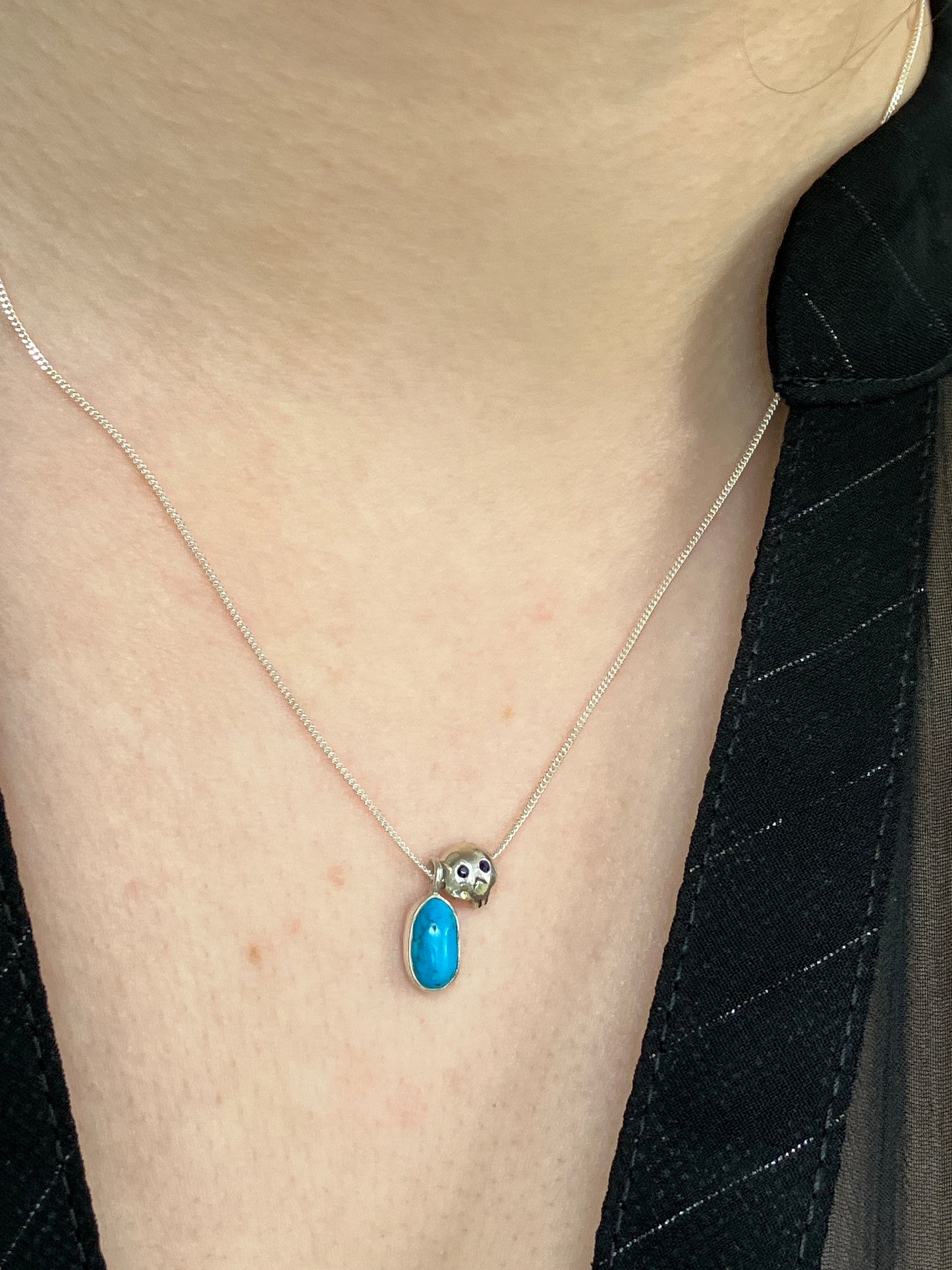 Turquoise, Black Sapphire Skull and Sterling Silver Pendant Necklace