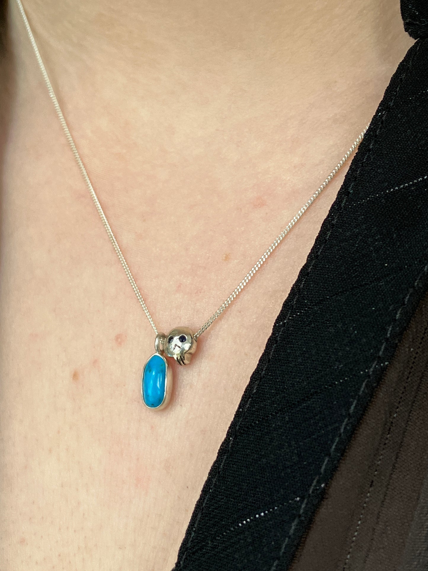 Turquoise, Black Sapphire Skull and Sterling Silver Pendant Necklace