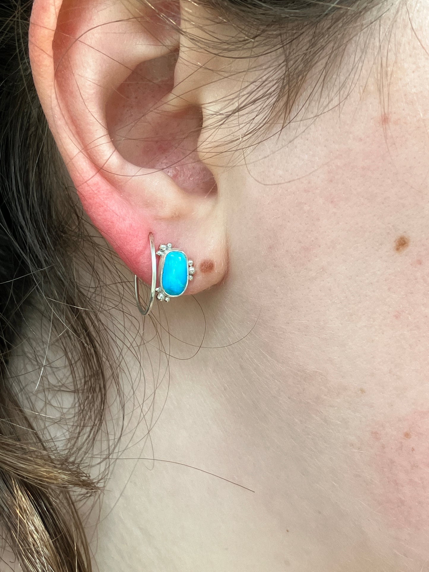 Asymmetrical Turquoise and Sterling Silver Stud Earrings with Granulation Detailing