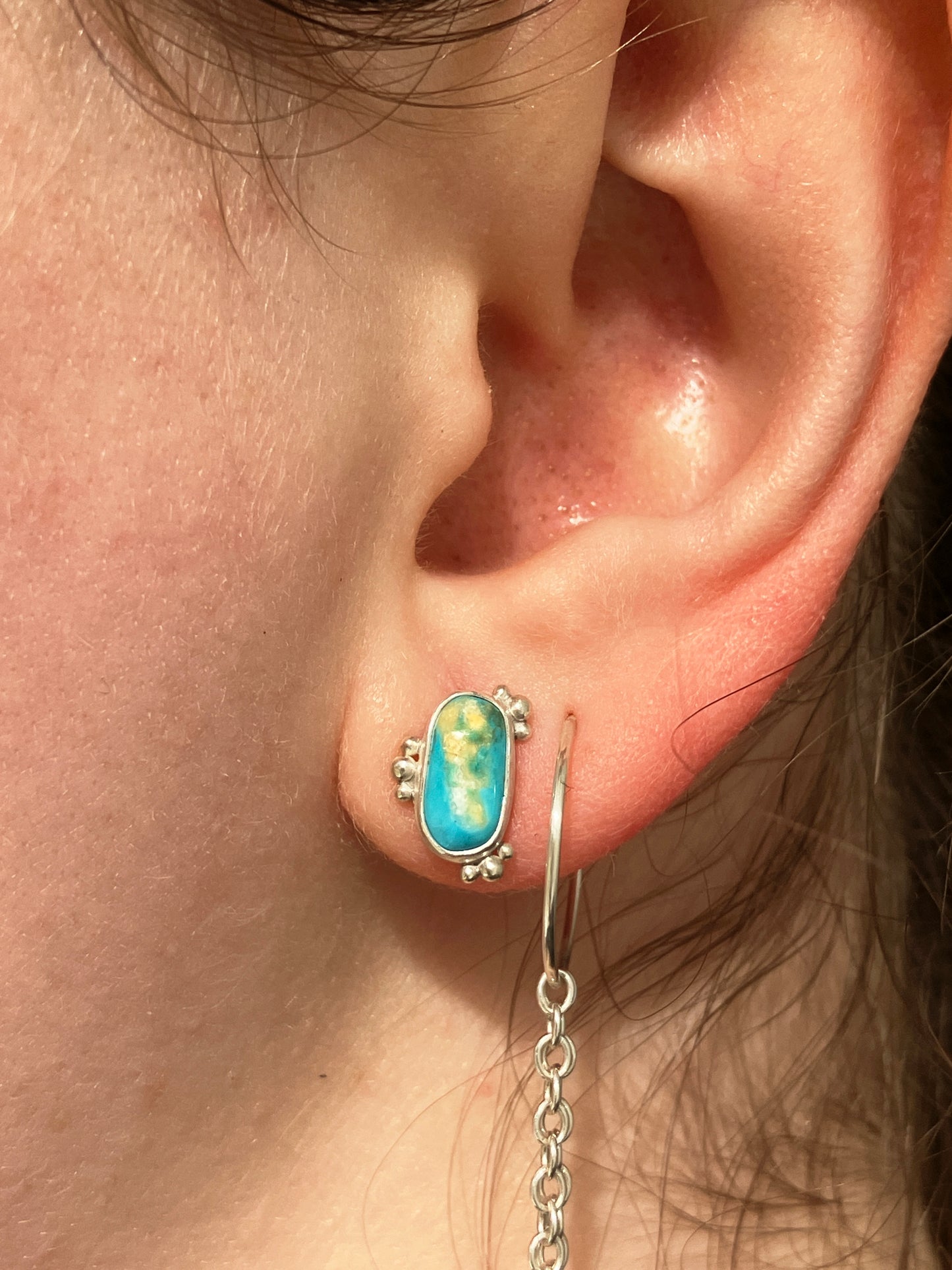 Asymmetrical Turquoise and Sterling Silver Stud Earrings with Granulation Detailing