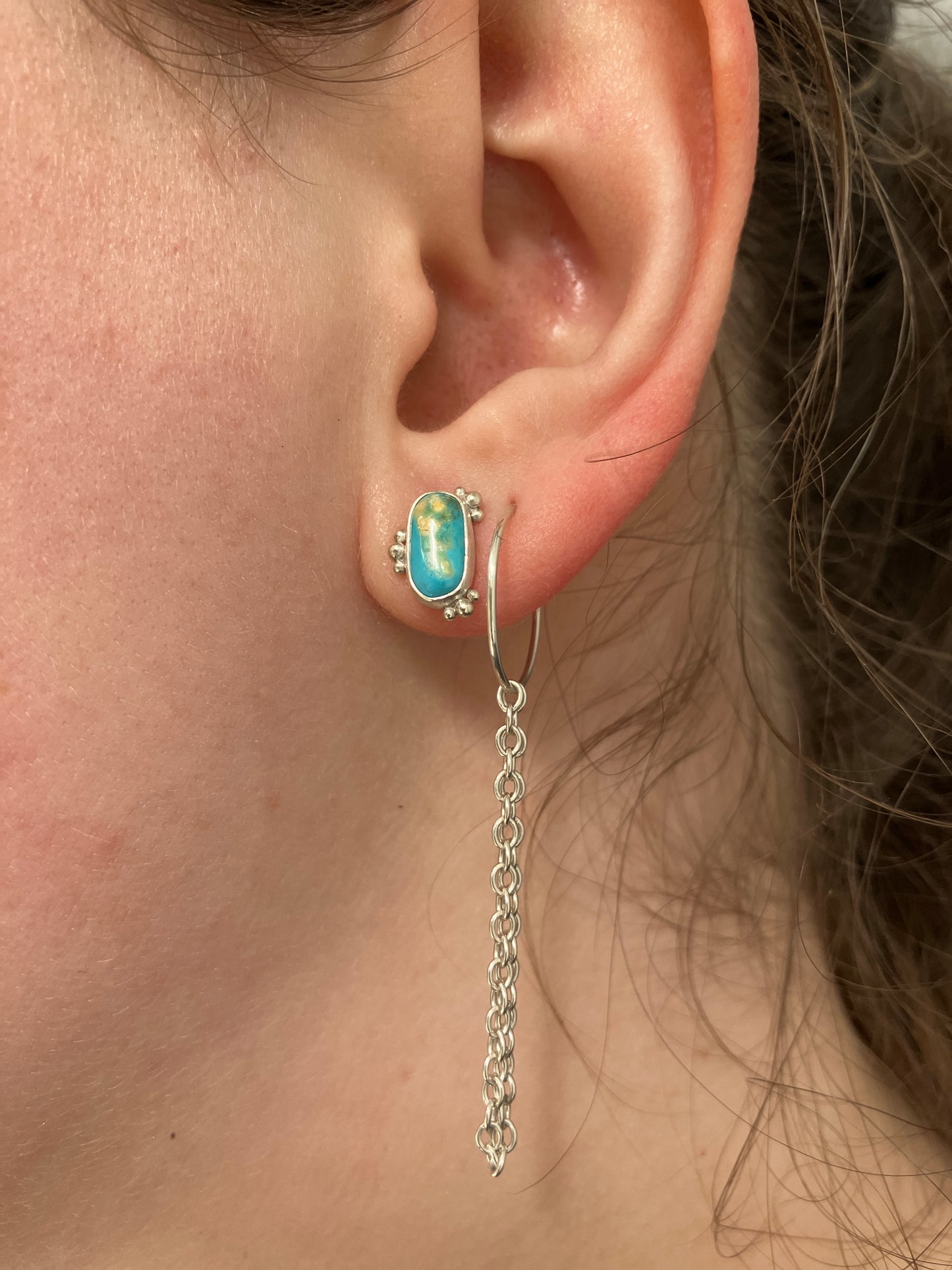 Asymmetrical Turquoise and Sterling Silver Stud Earrings with Granulation Detailing