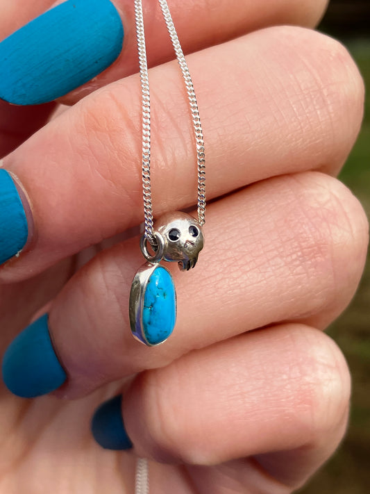 Turquoise, Black Sapphire Skull and Sterling Silver Pendant Necklace