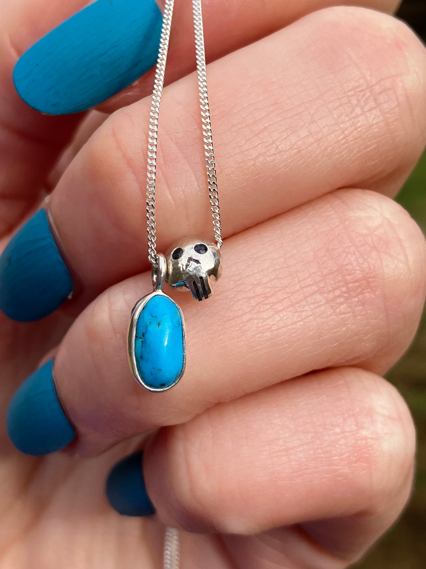 Turquoise, Black Sapphire Skull and Sterling Silver Pendant Necklace