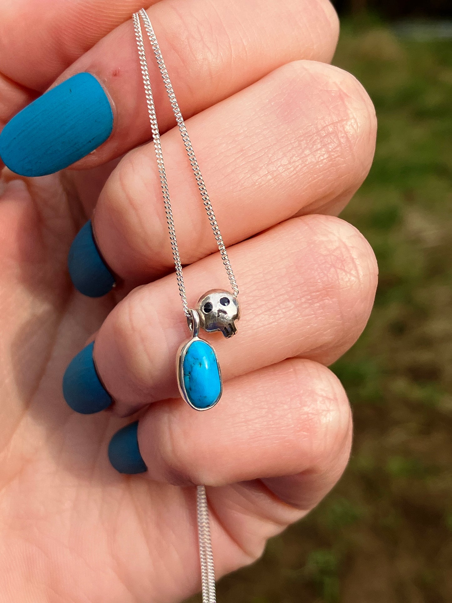 Turquoise, Black Sapphire Skull and Sterling Silver Pendant Necklace