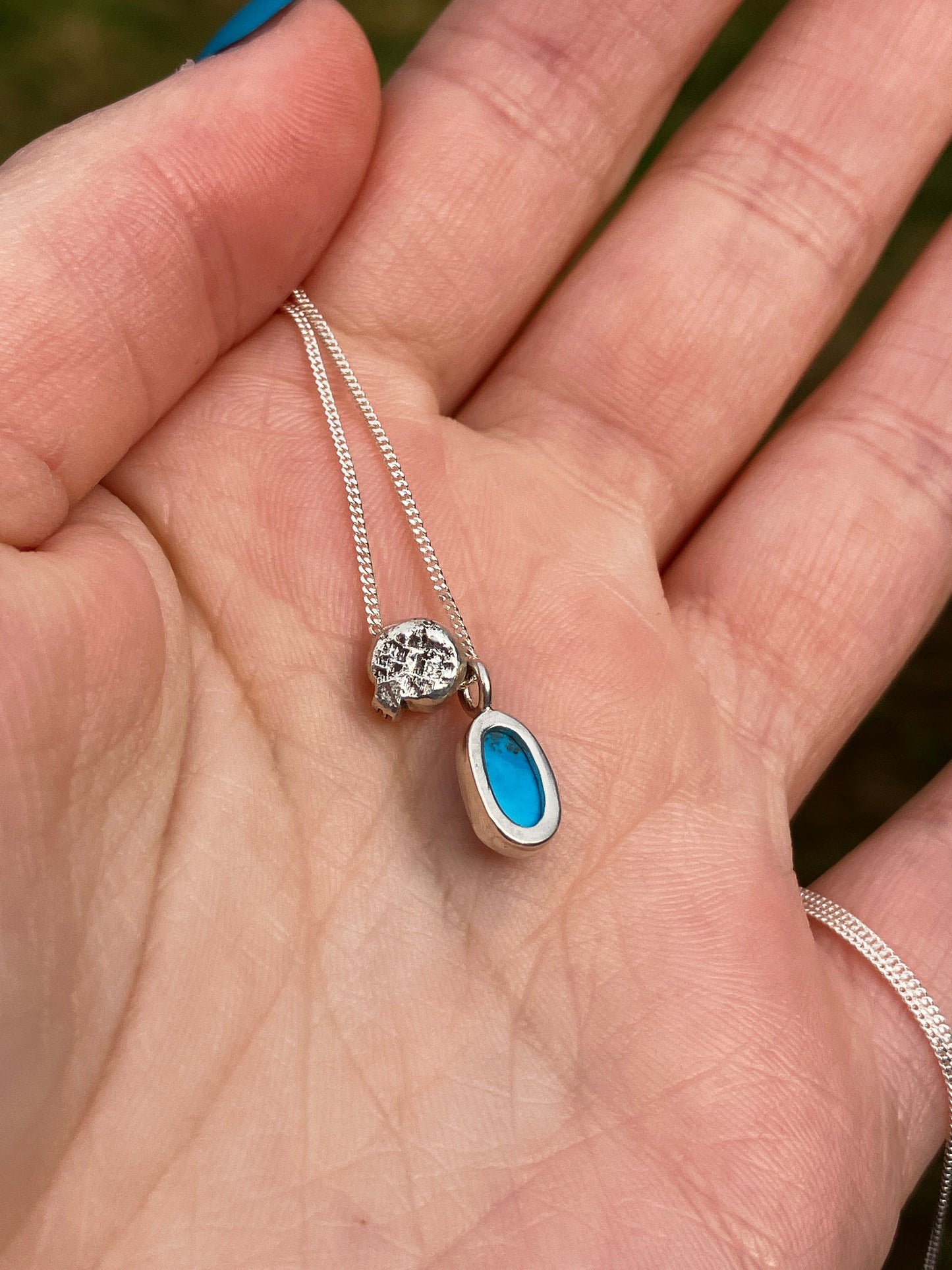 Turquoise, Black Sapphire Skull and Sterling Silver Pendant Necklace