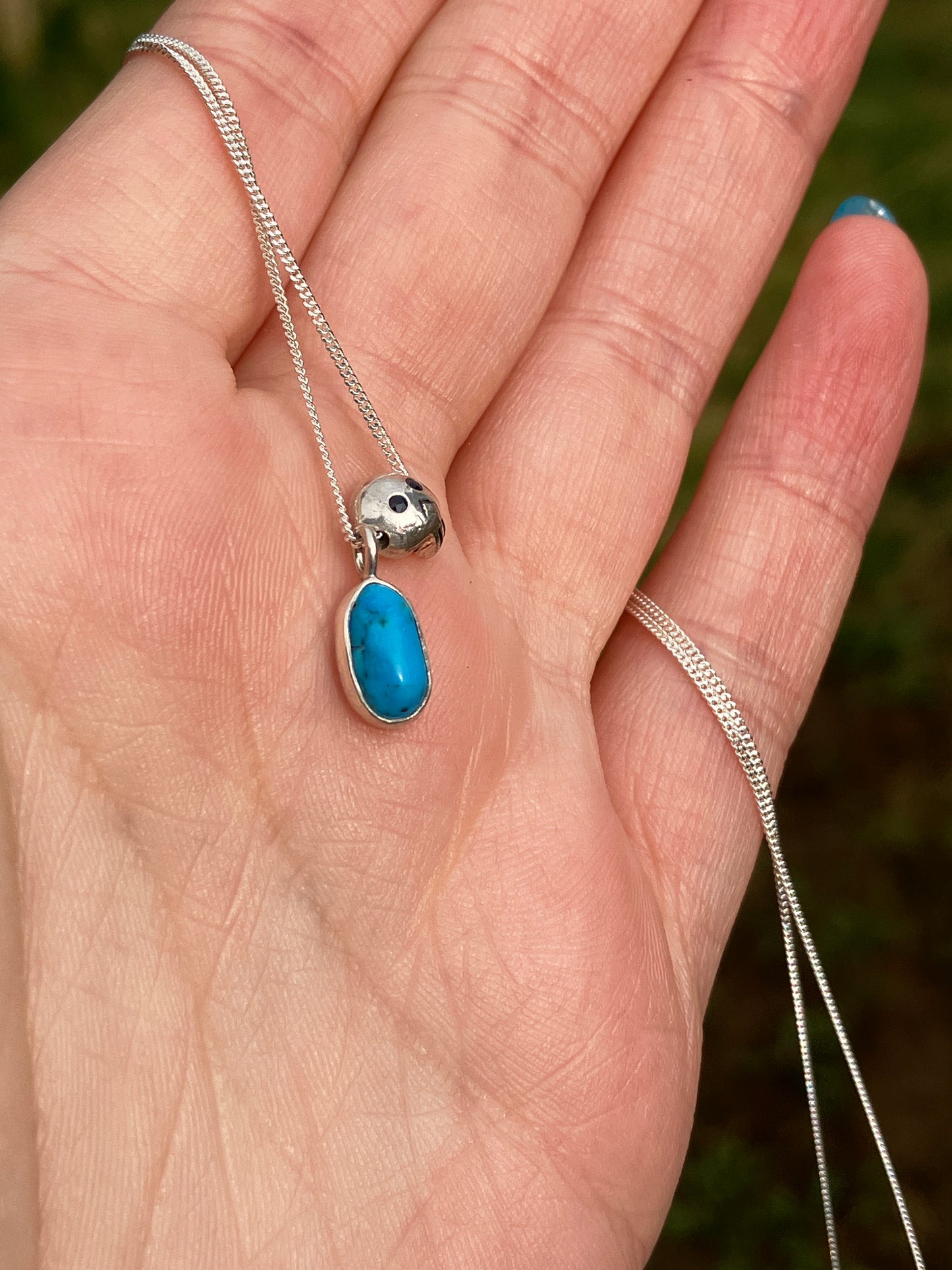 Turquoise, Black Sapphire Skull and Sterling Silver Pendant Necklace