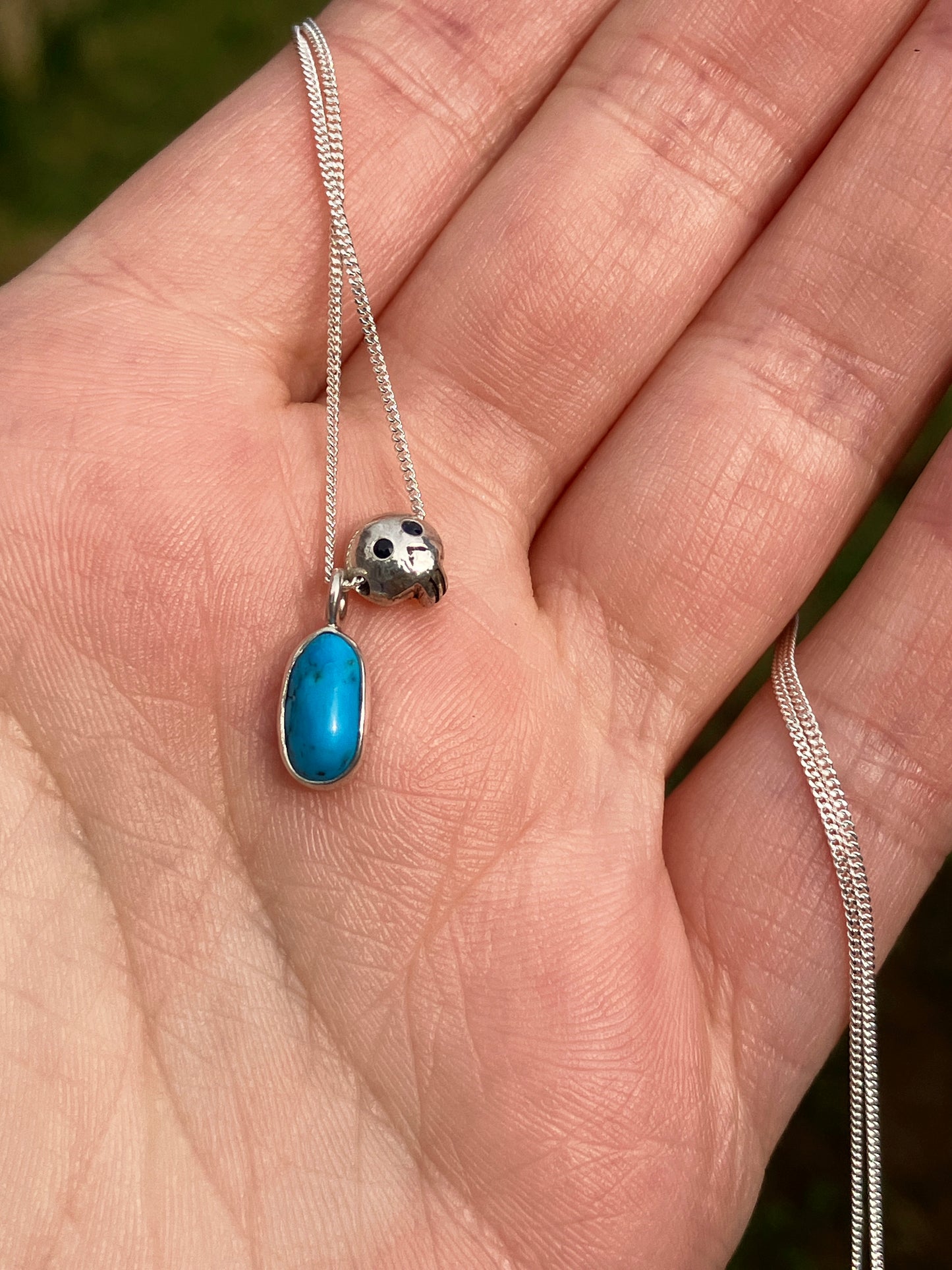Turquoise, Black Sapphire Skull and Sterling Silver Pendant Necklace